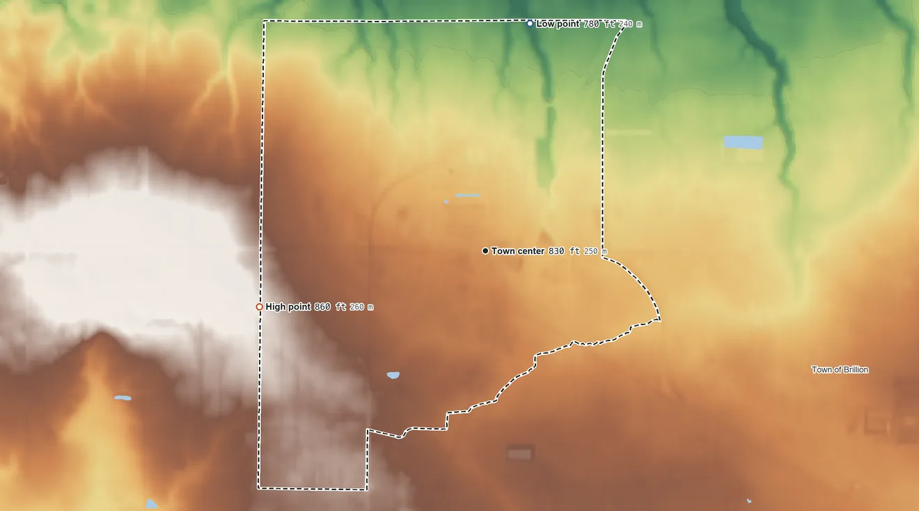 Topographic elevation map of Forest Junction, Wisconsin, shaded from 780 ft on the north side to 860 ft on the west side