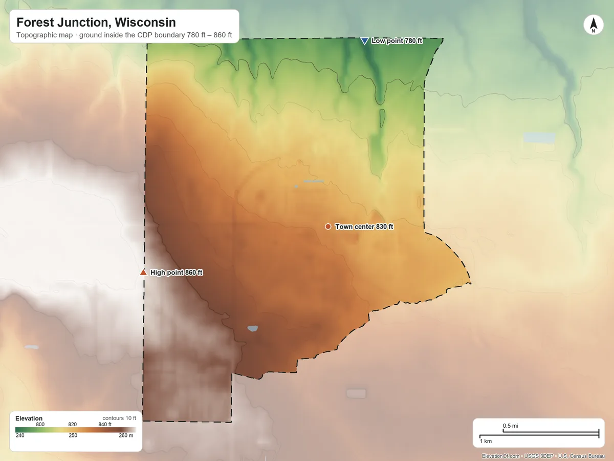 Topographic elevation map of Forest Junction, Wisconsin, shaded from 780 ft on the north side to 860 ft on the west side