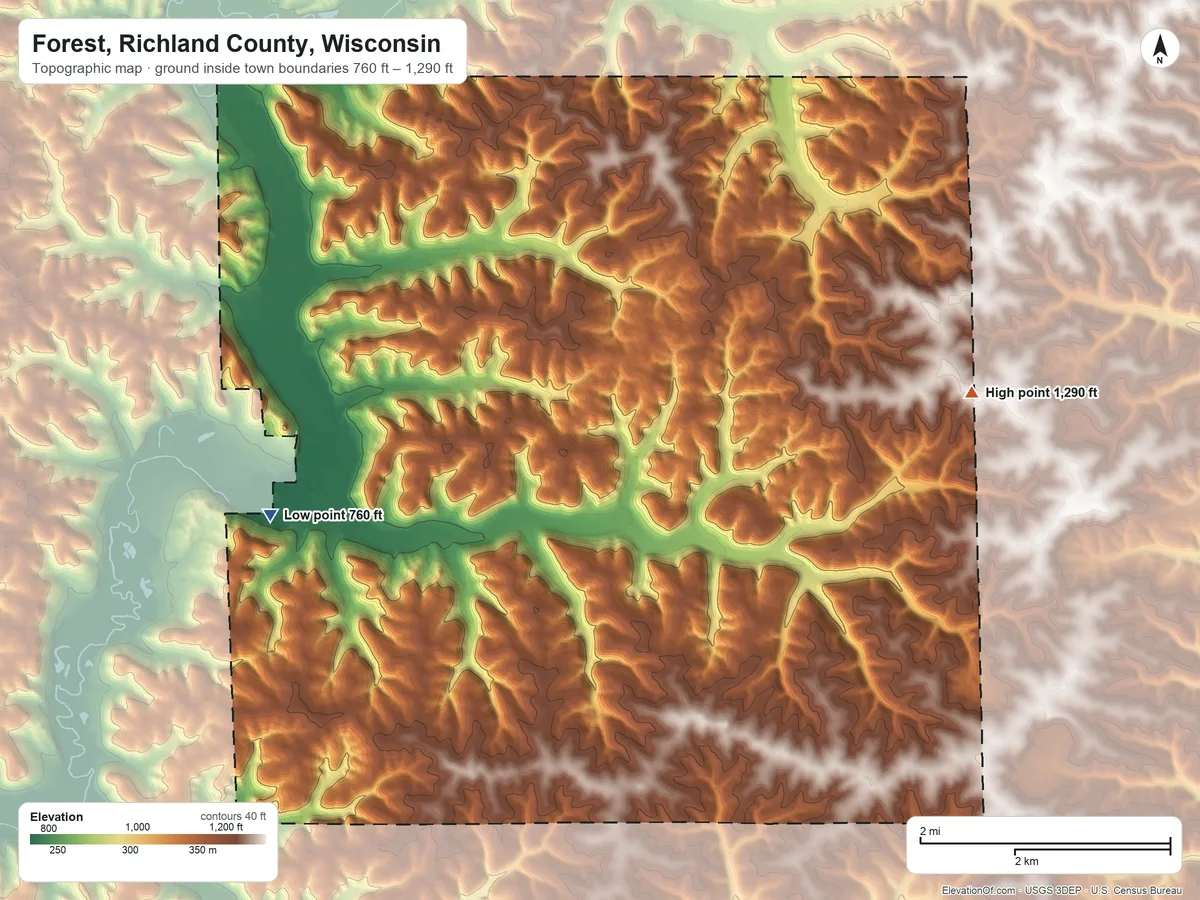 Topographic elevation map of Forest, Richland County, Wisconsin, shaded from 760 ft on the west side to 1,290 ft on the east side
