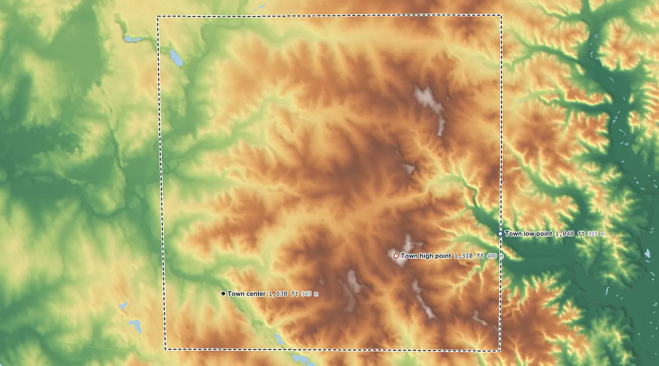 Topographic elevation map of Forest, St. Croix County, Wisconsin, shaded from 1,040 ft on the east side to 1,310 ft on the east side