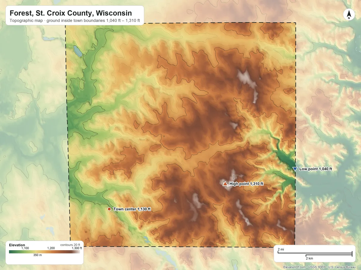 Topographic elevation map of Forest, St. Croix County, Wisconsin, shaded from 1,040 ft on the east side to 1,310 ft on the east side