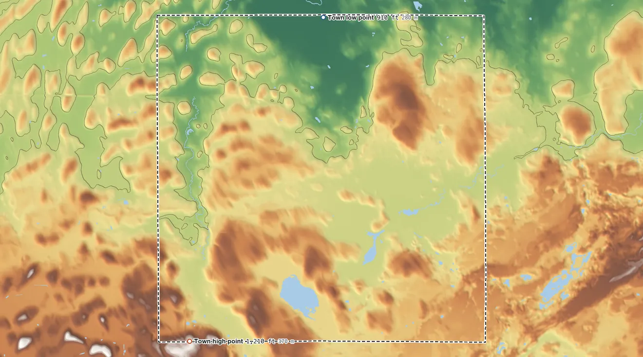 Topographic elevation map of Forest, Wisconsin, shaded from 910 ft on the north side to 1,210 ft on the southwest side