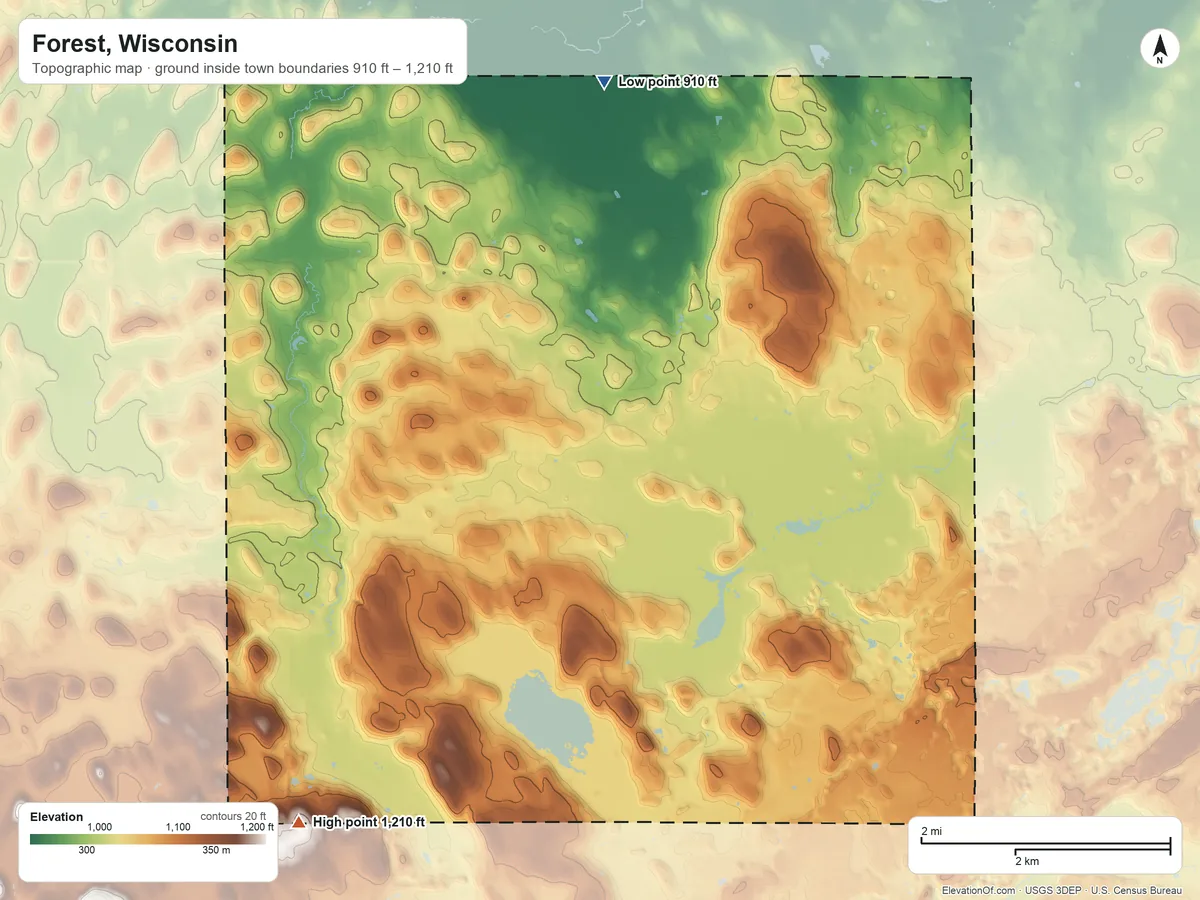 Topographic elevation map of Forest, Wisconsin, shaded from 910 ft on the north side to 1,210 ft on the southwest side