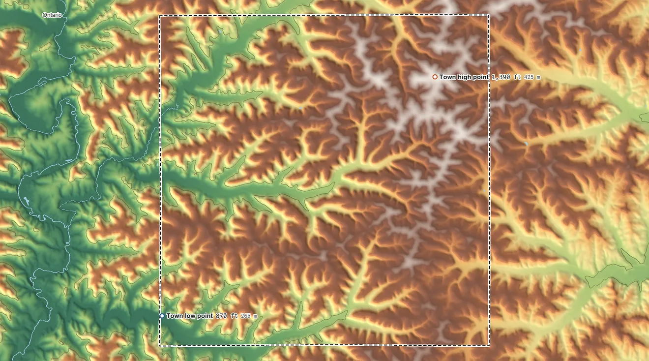 Topographic elevation map of Forest, Vernon County, Wisconsin, shaded from 870 ft on the southwest side to 1,390 ft on the northeast side