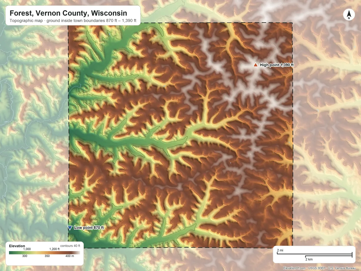Topographic elevation map of Forest, Vernon County, Wisconsin, shaded from 870 ft on the southwest side to 1,390 ft on the northeast side