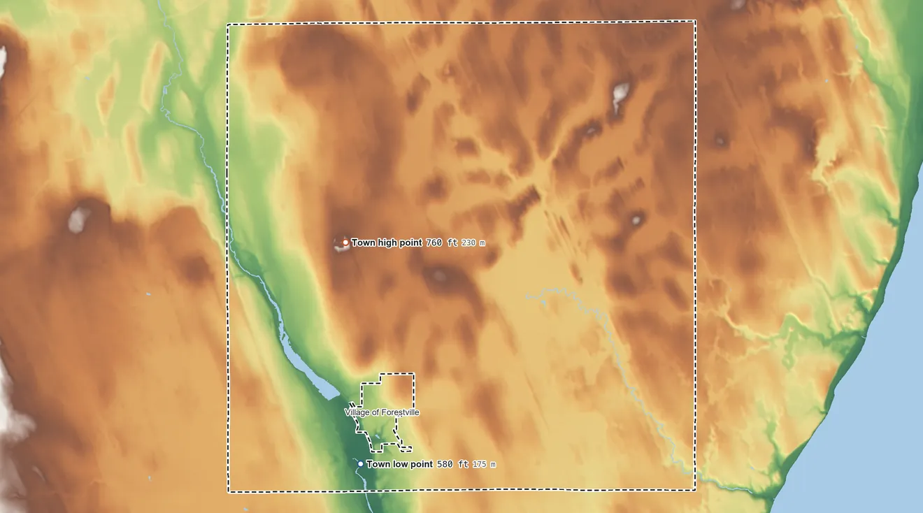 Topographic elevation map of Forestville, Wisconsin, shaded from 580 ft on the south side to 760 ft on the west side