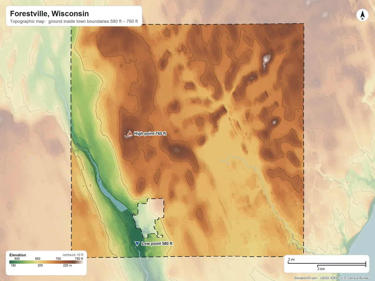 Topographic elevation map of Forestville, Wisconsin, shaded from 580 ft on the south side to 760 ft on the west side