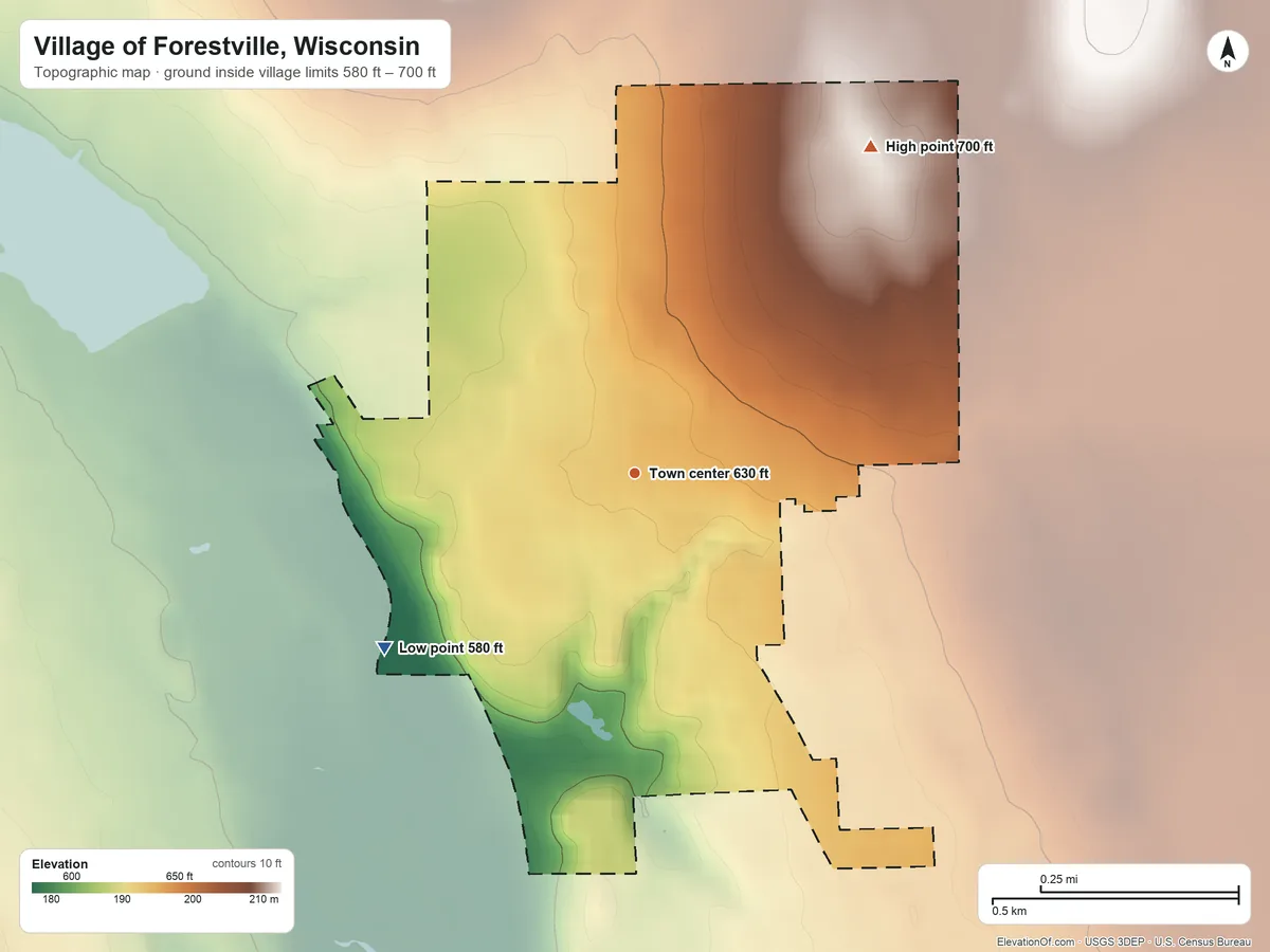 Topographic elevation map of Village of Forestville, Wisconsin, shaded from 580 ft on the southwest side to 700 ft on the northeast side
