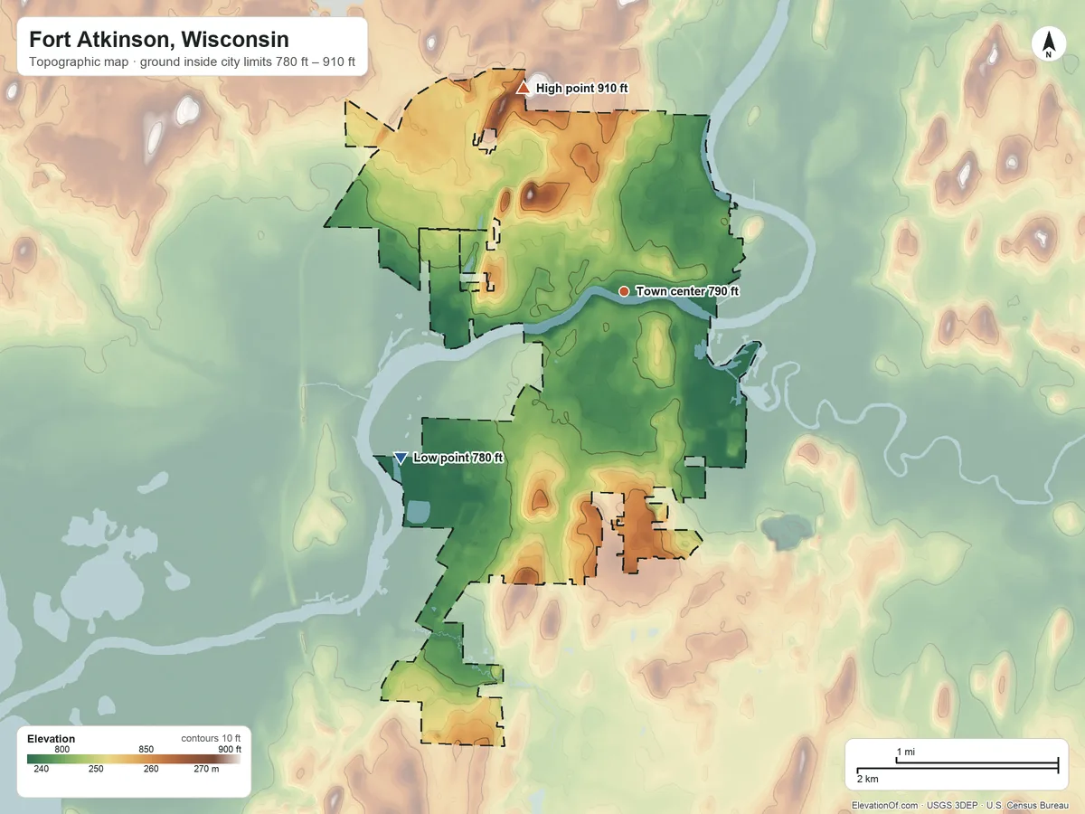 Topographic elevation map of Fort Atkinson, Wisconsin, shaded from 780 ft on the southwest side to 910 ft on the northwest side
