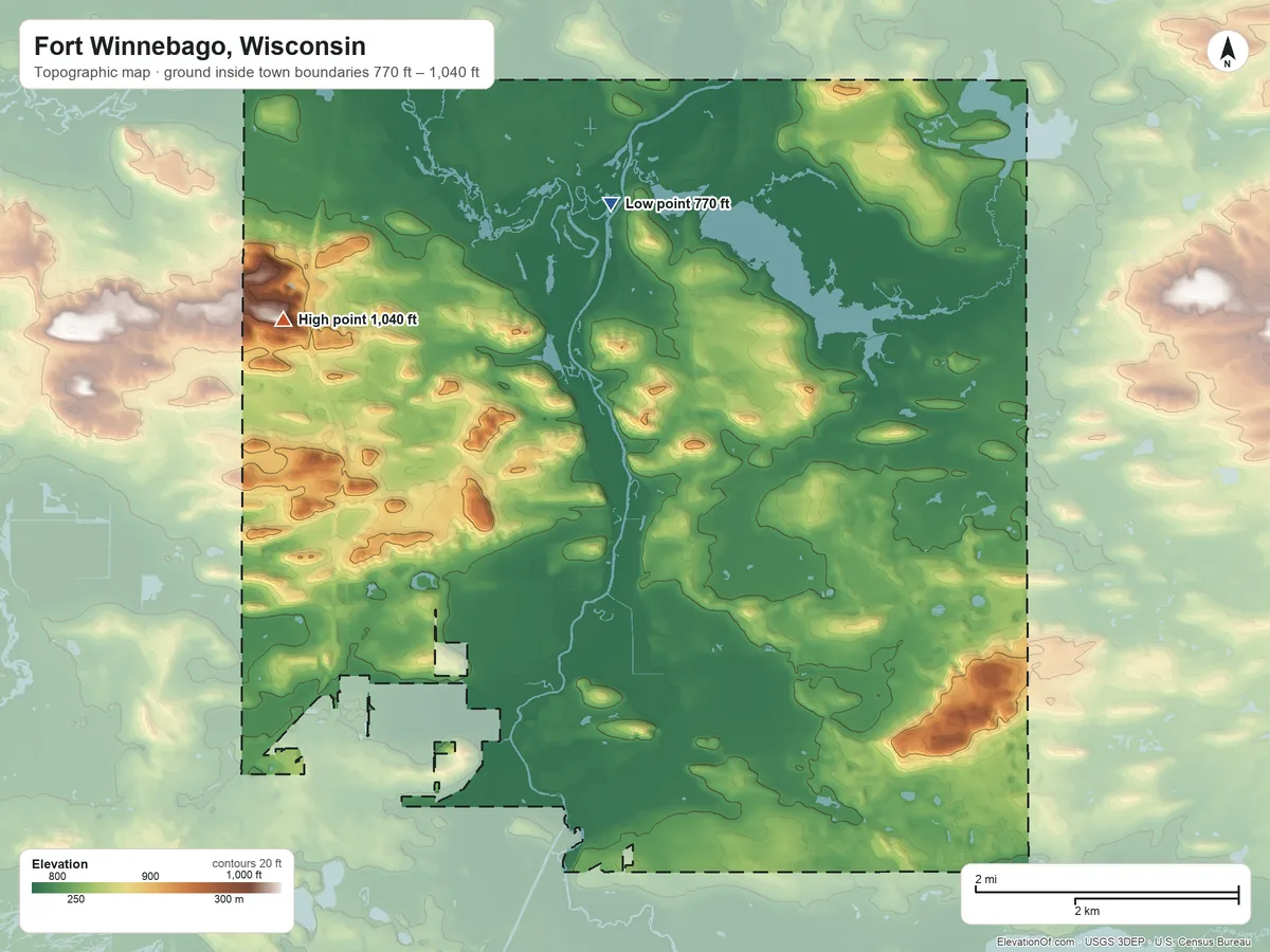 Topographic elevation map of Fort Winnebago, Wisconsin, shaded from 770 ft on the north side to 1,040 ft on the northwest side