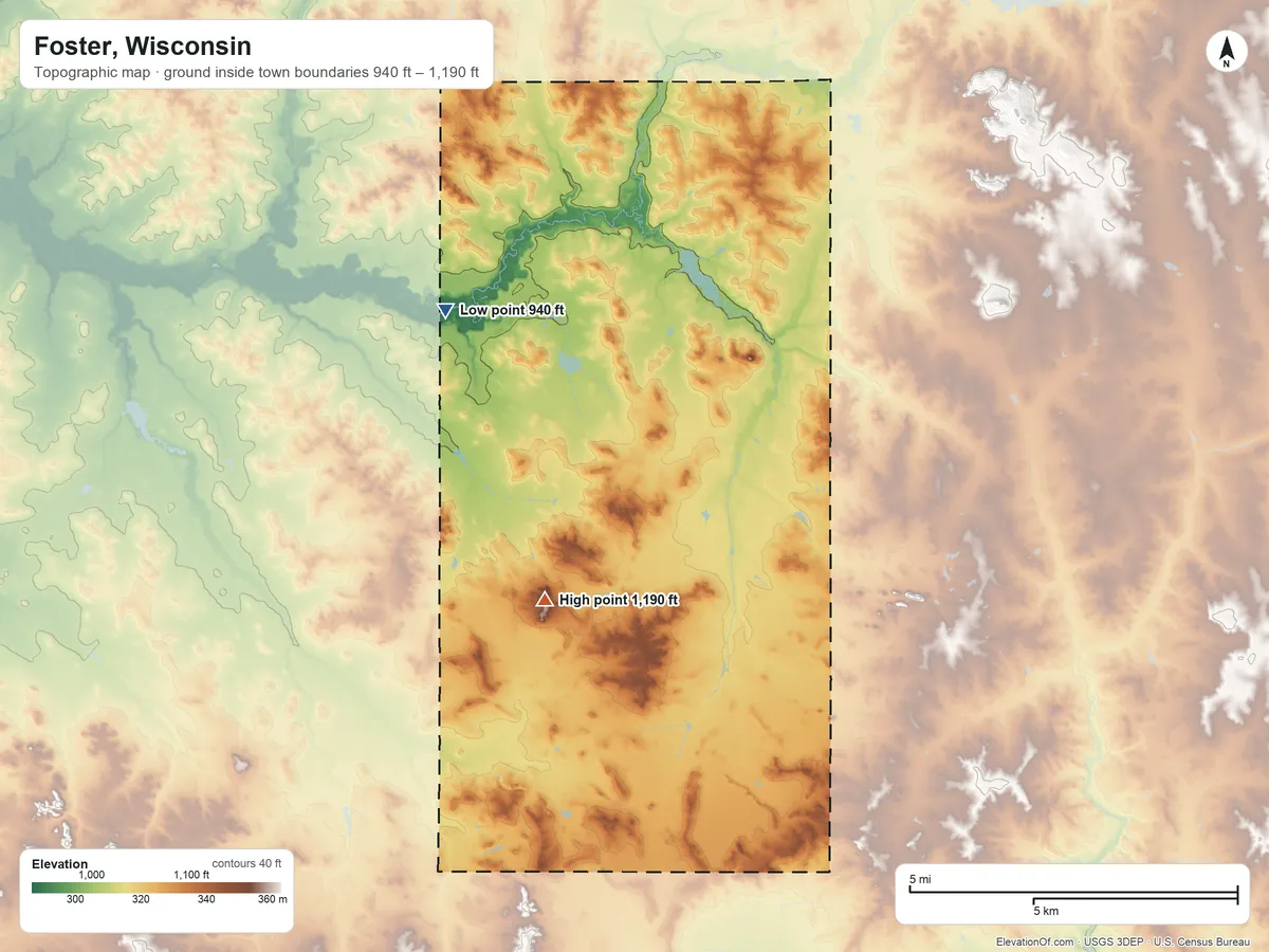 Topographic elevation map of Foster, Wisconsin, shaded from 940 ft on the northwest side to 1,190 ft on the southwest side