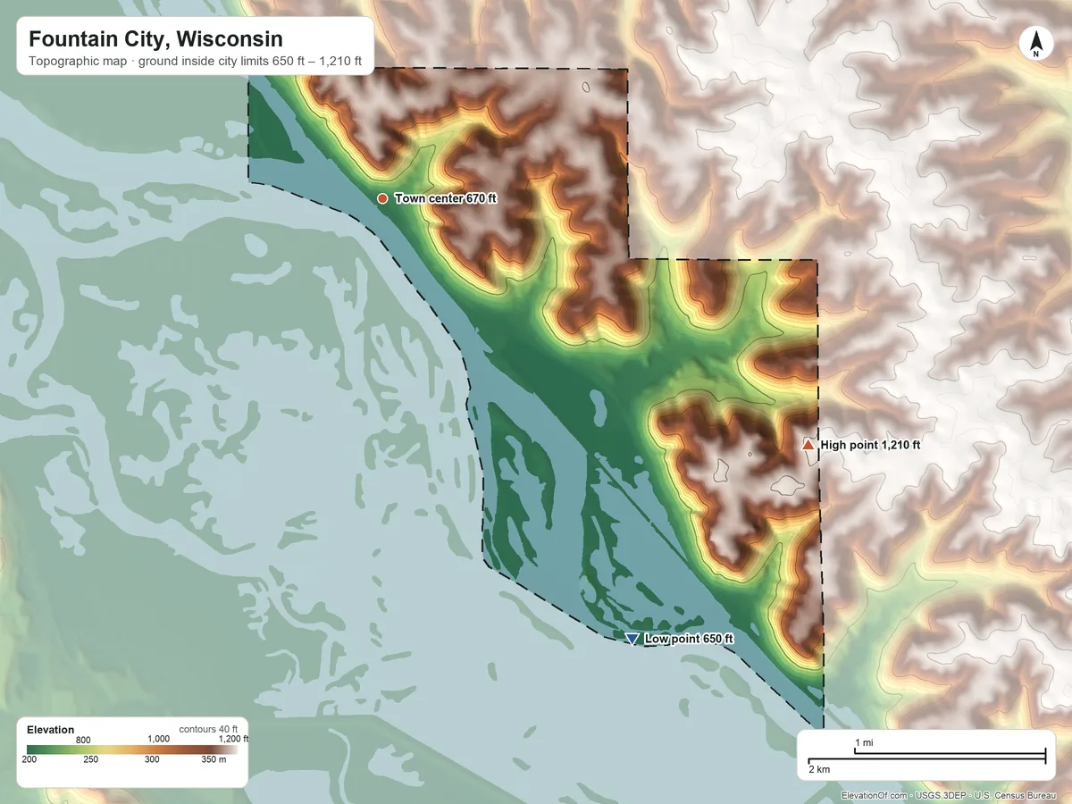 Topographic elevation map of Fountain City, Wisconsin, shaded from 650 ft on the southeast side to 1,210 ft on the southeast side
