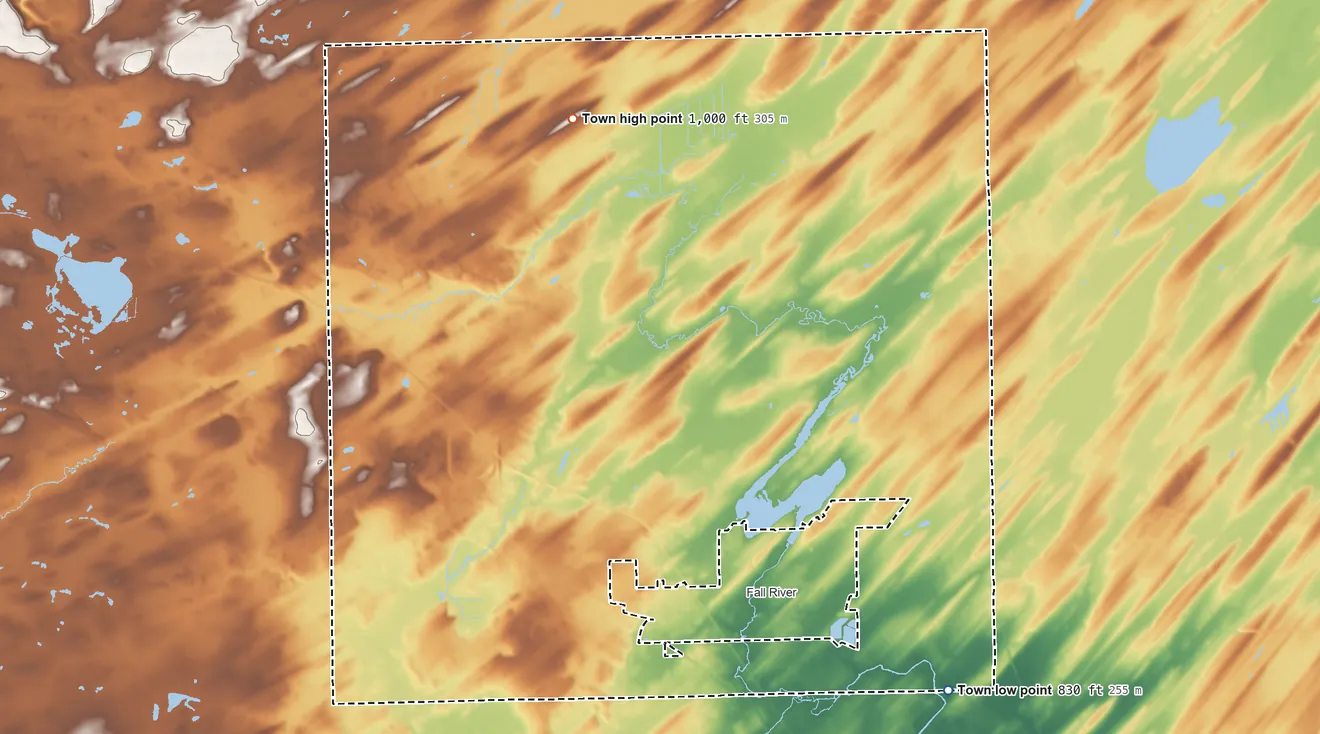 Topographic elevation map of Fountain Prairie, Wisconsin, shaded from 830 ft on the southeast side to 1,000 ft on the northwest side