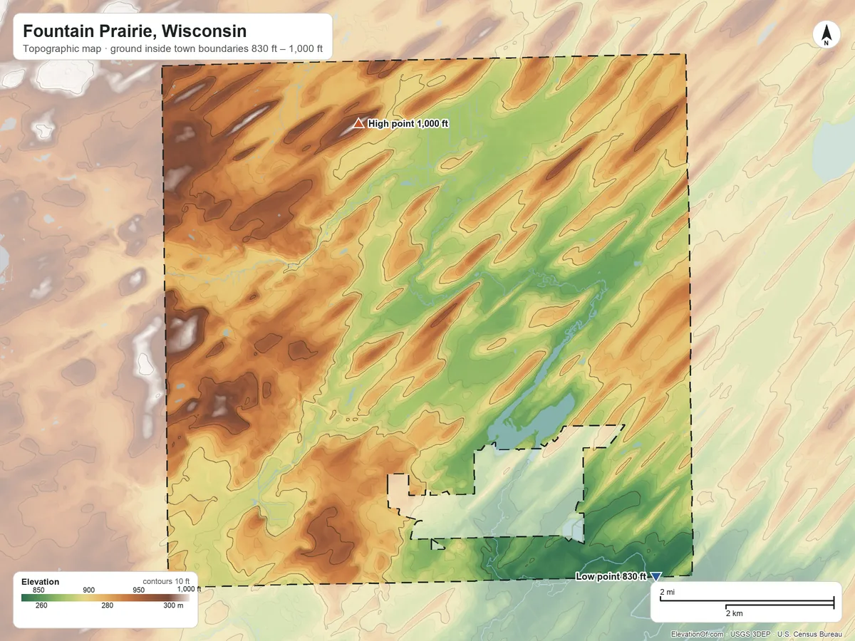 Topographic elevation map of Fountain Prairie, Wisconsin, shaded from 830 ft on the southeast side to 1,000 ft on the northwest side