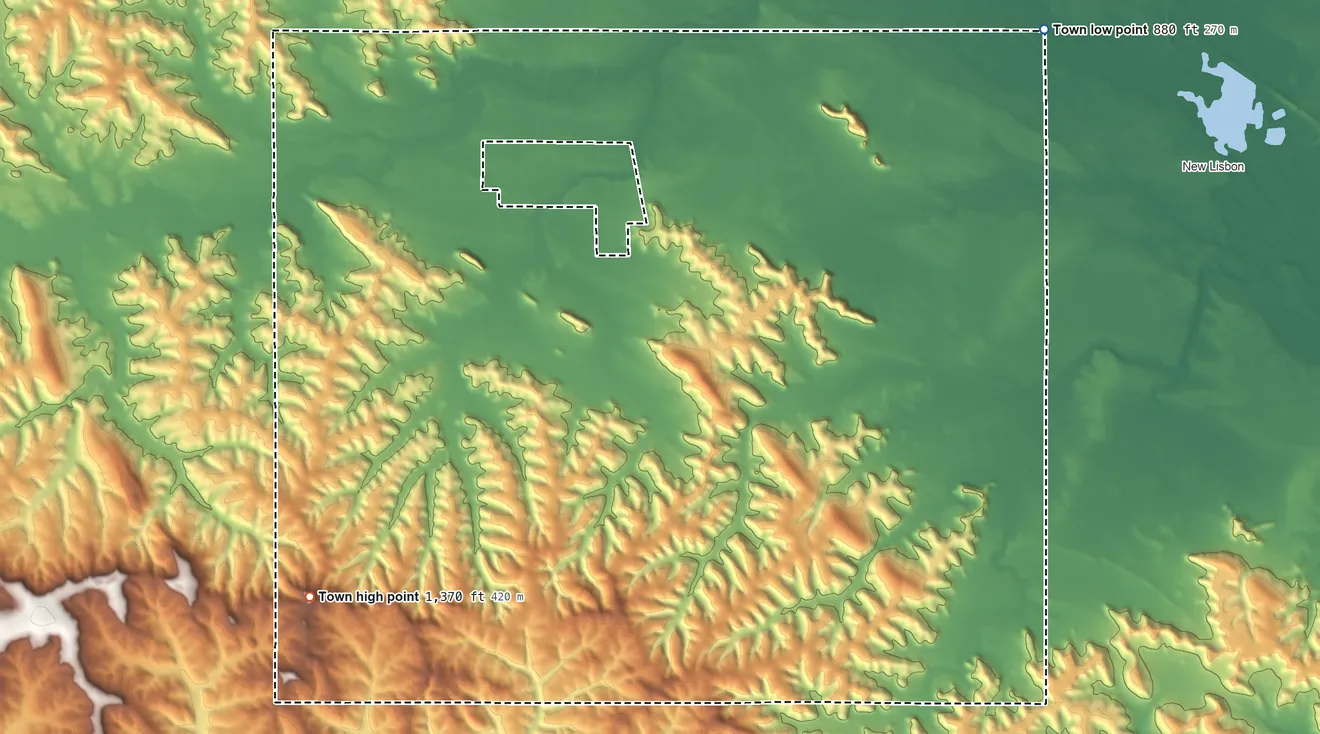 Topographic elevation map of Fountain, Wisconsin, shaded from 880 ft on the northeast side to 1,370 ft on the southwest side