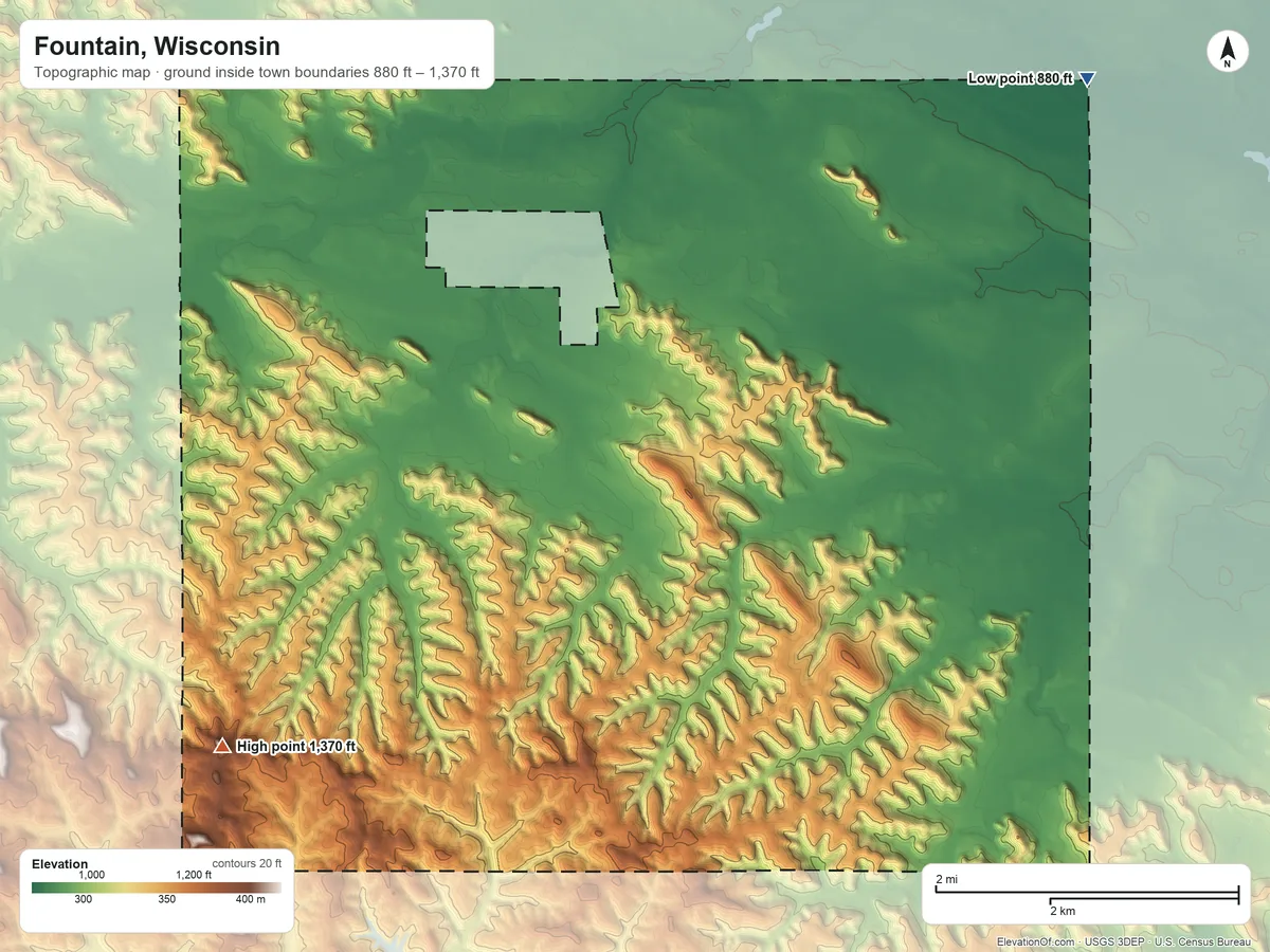 Topographic elevation map of Fountain, Wisconsin, shaded from 880 ft on the northeast side to 1,370 ft on the southwest side