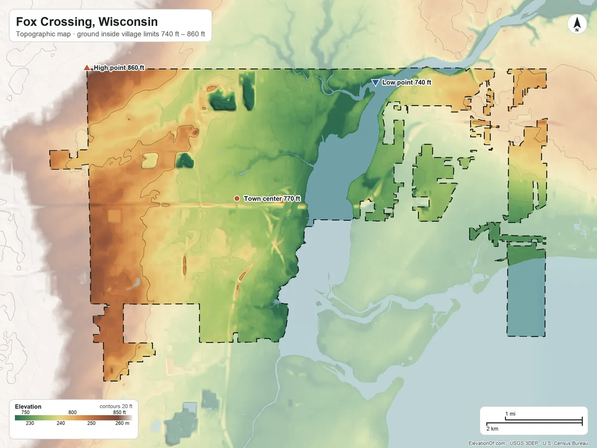 Topographic elevation map of Fox Crossing, Wisconsin, shaded from 740 ft on the northeast side to 860 ft on the northwest side