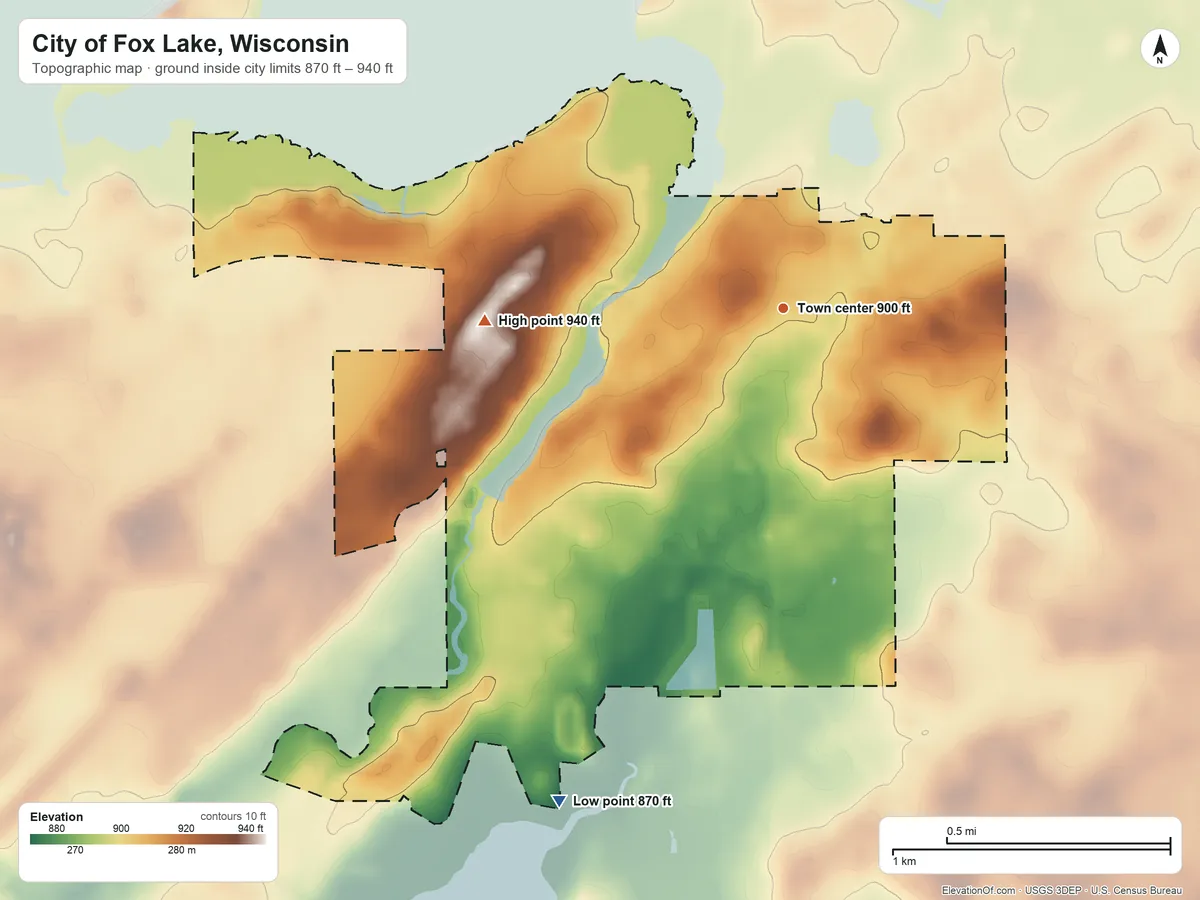 Topographic elevation map of City of Fox Lake, Wisconsin, shaded from 870 ft on the southwest side to 940 ft on the west side