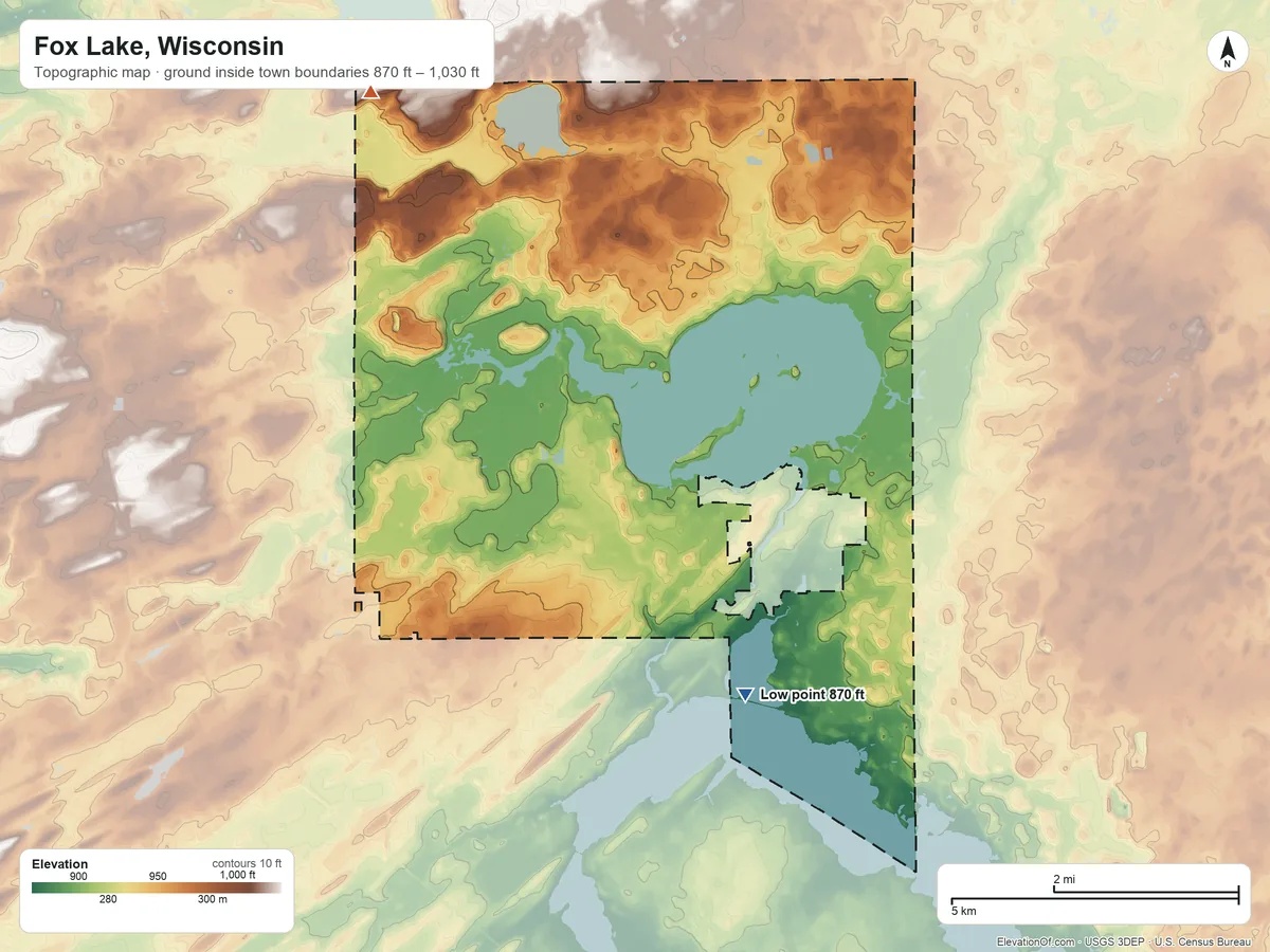 Topographic elevation map of Fox Lake, Wisconsin, shaded from 870 ft on the south side to 1,030 ft on the northwest side