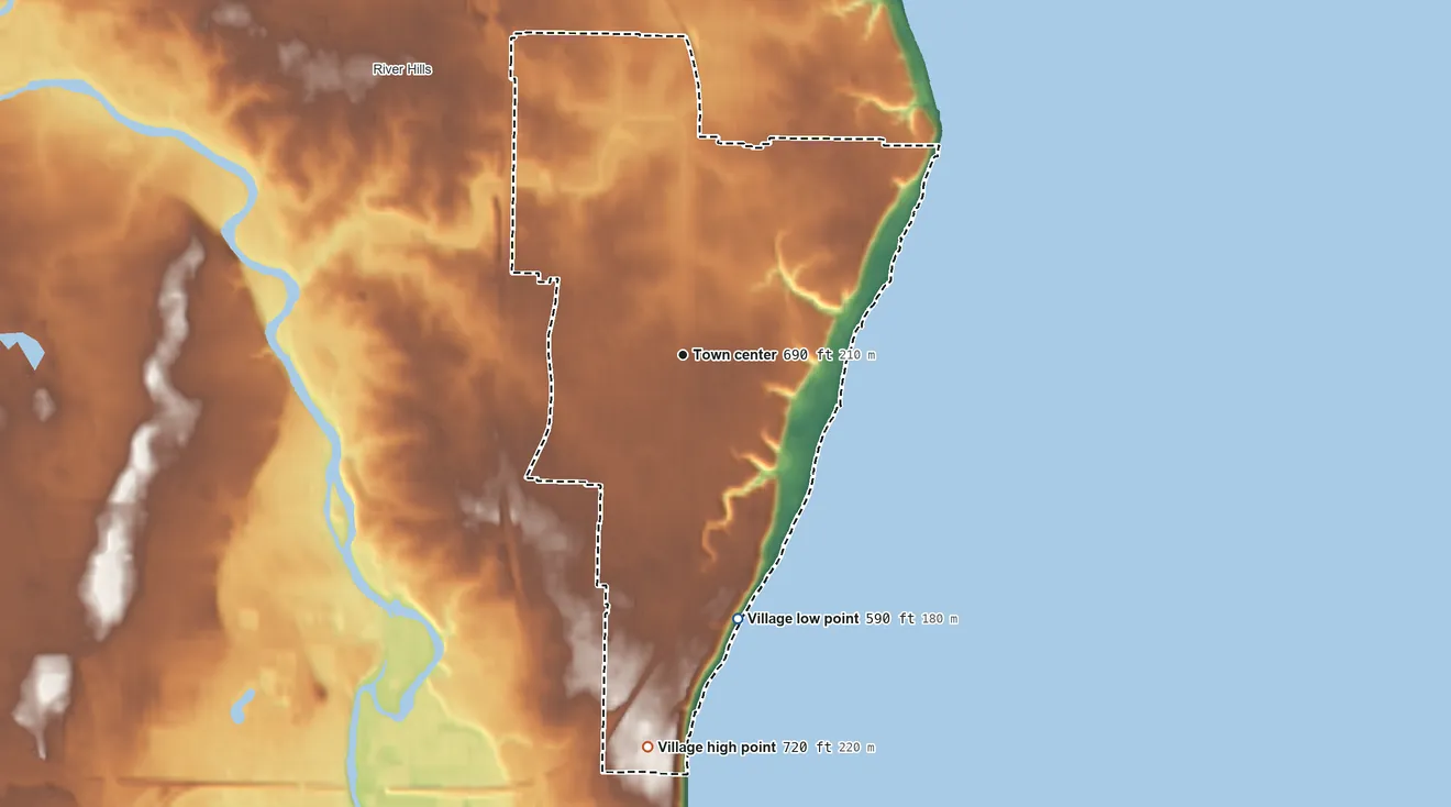 Topographic elevation map of Fox Point, Wisconsin, shaded from 590 ft on the south side to 720 ft on the south side