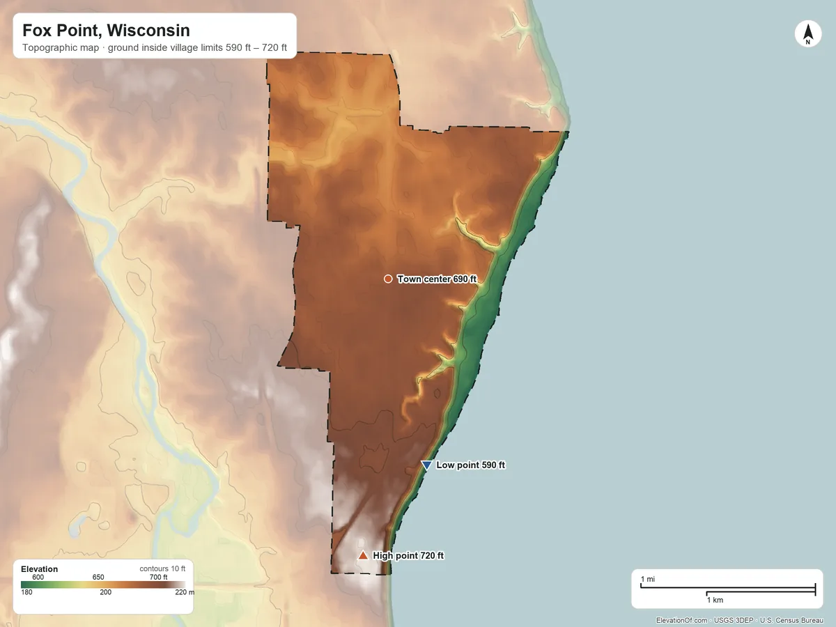 Topographic elevation map of Fox Point, Wisconsin, shaded from 590 ft on the south side to 720 ft on the south side