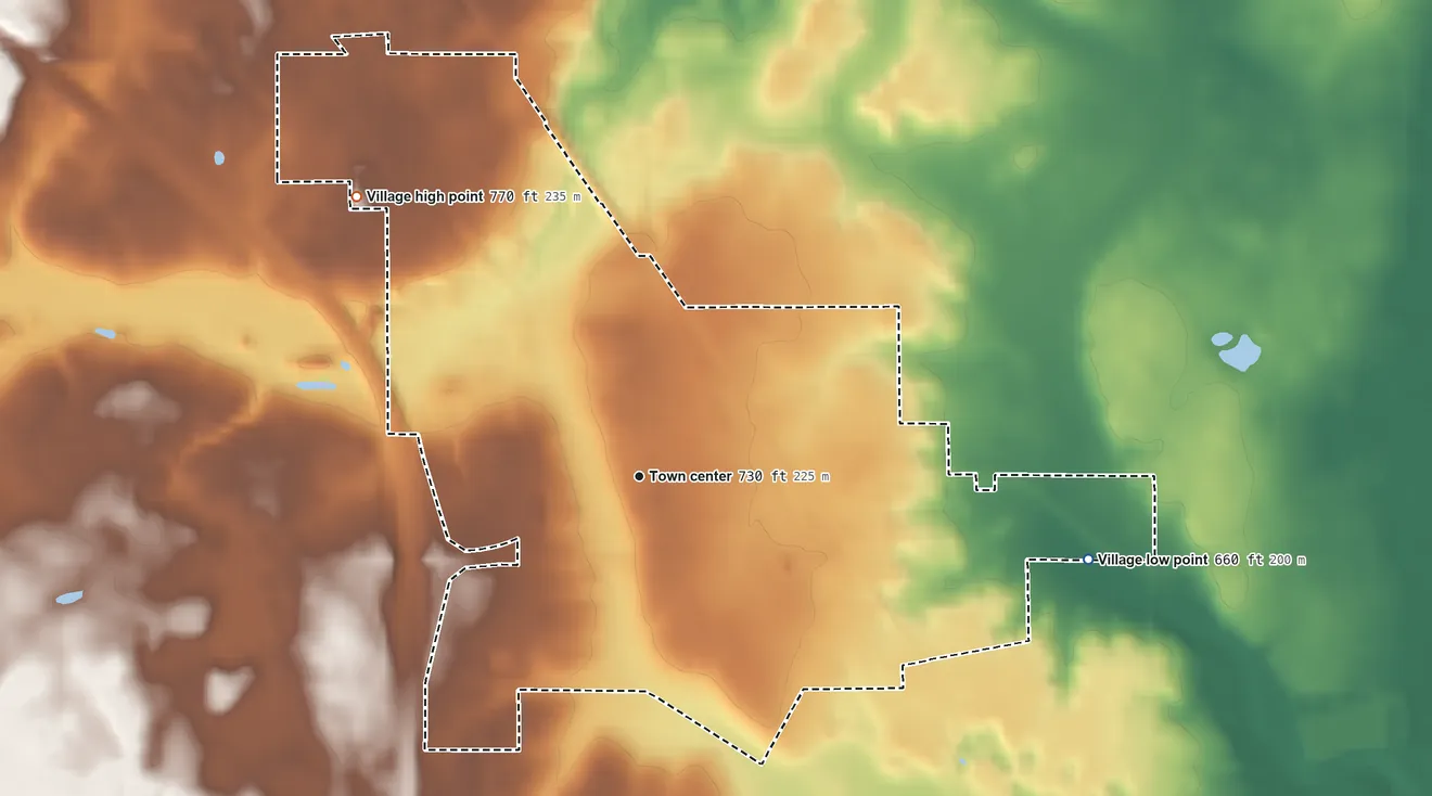 Topographic elevation map of Francis Creek, Wisconsin, shaded from 660 ft on the east side to 770 ft on the northwest side