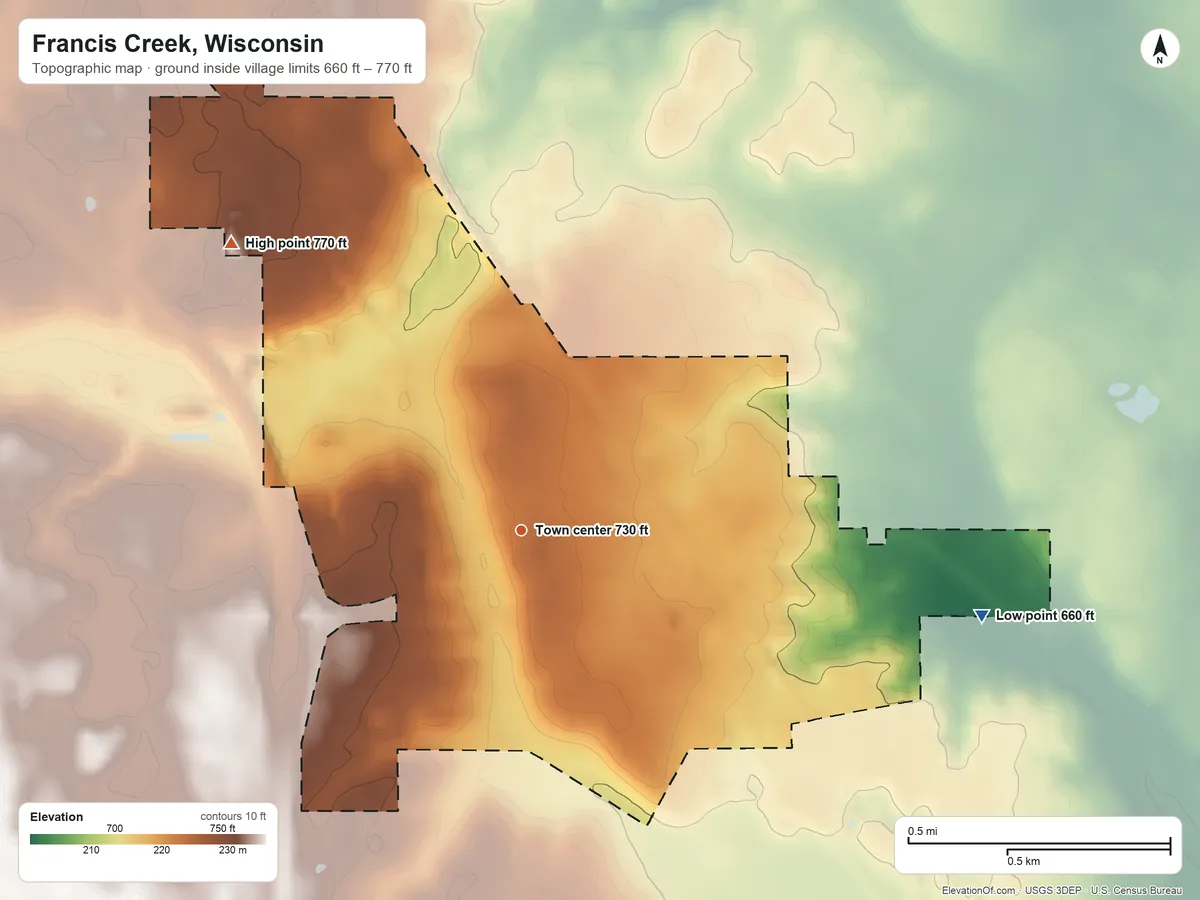 Topographic elevation map of Francis Creek, Wisconsin, shaded from 660 ft on the east side to 770 ft on the northwest side