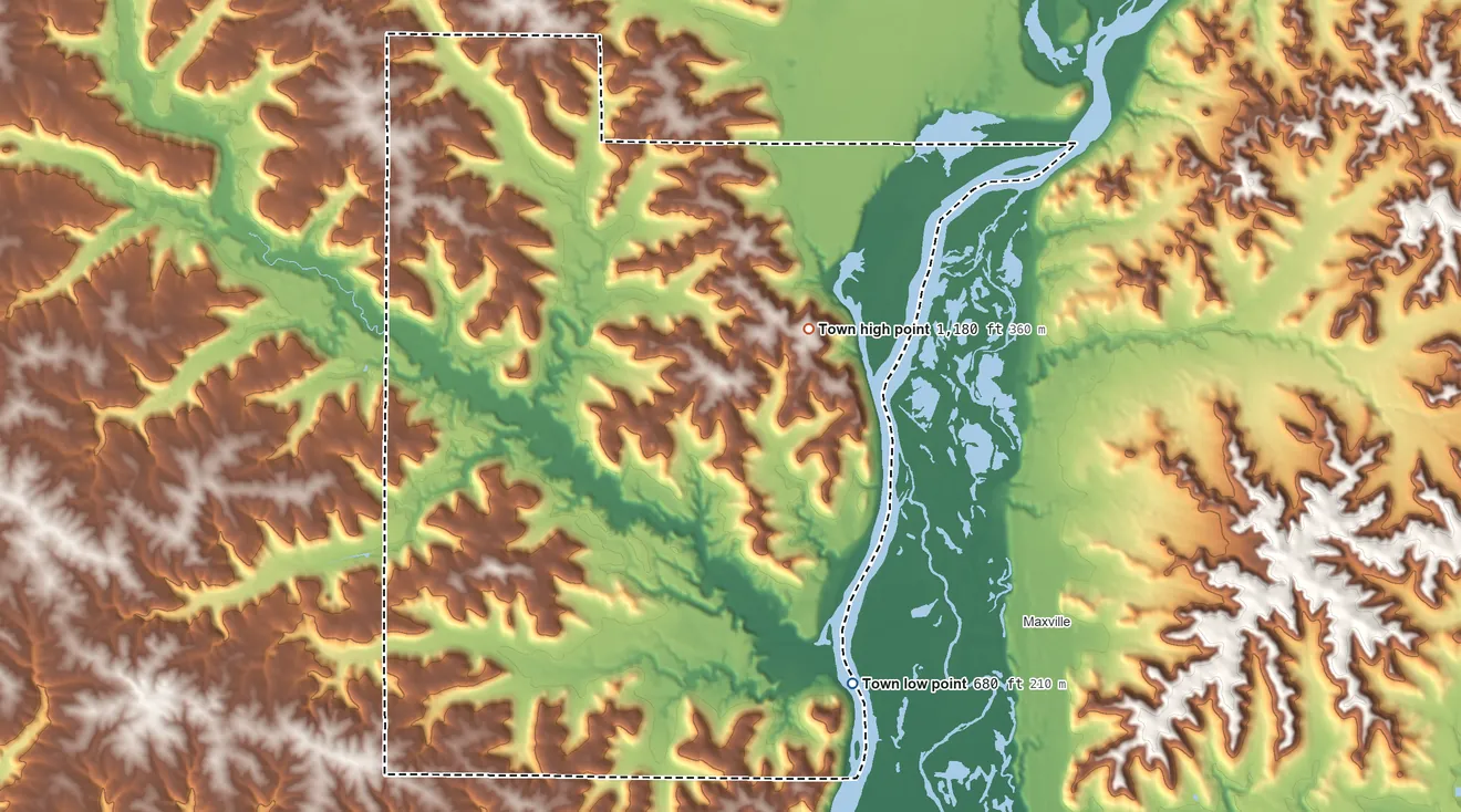 Topographic elevation map of Frankfort, Pepin County, Wisconsin, shaded from 680 ft on the southeast side to 1,180 ft on the northeast side