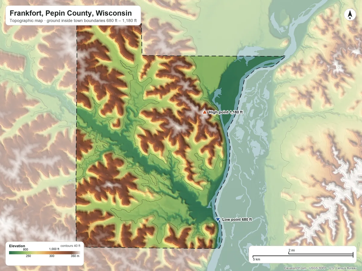 Topographic elevation map of Frankfort, Pepin County, Wisconsin, shaded from 680 ft on the southeast side to 1,180 ft on the northeast side