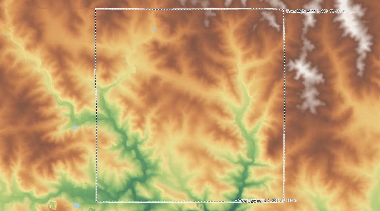Topographic elevation map of Frankfort, Wisconsin, shaded from 1,200 ft on the south side to 1,440 ft on the northeast side