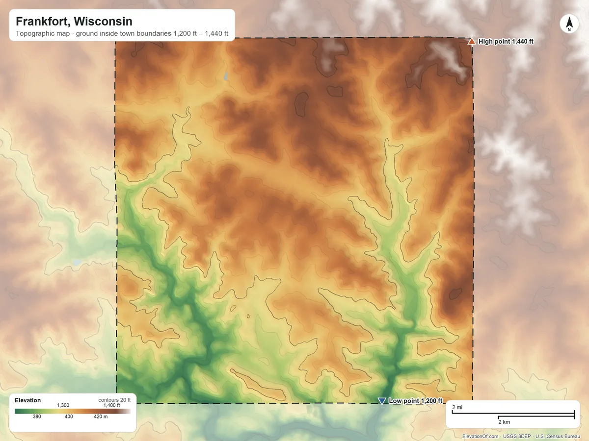 Topographic elevation map of Frankfort, Wisconsin, shaded from 1,200 ft on the south side to 1,440 ft on the northeast side