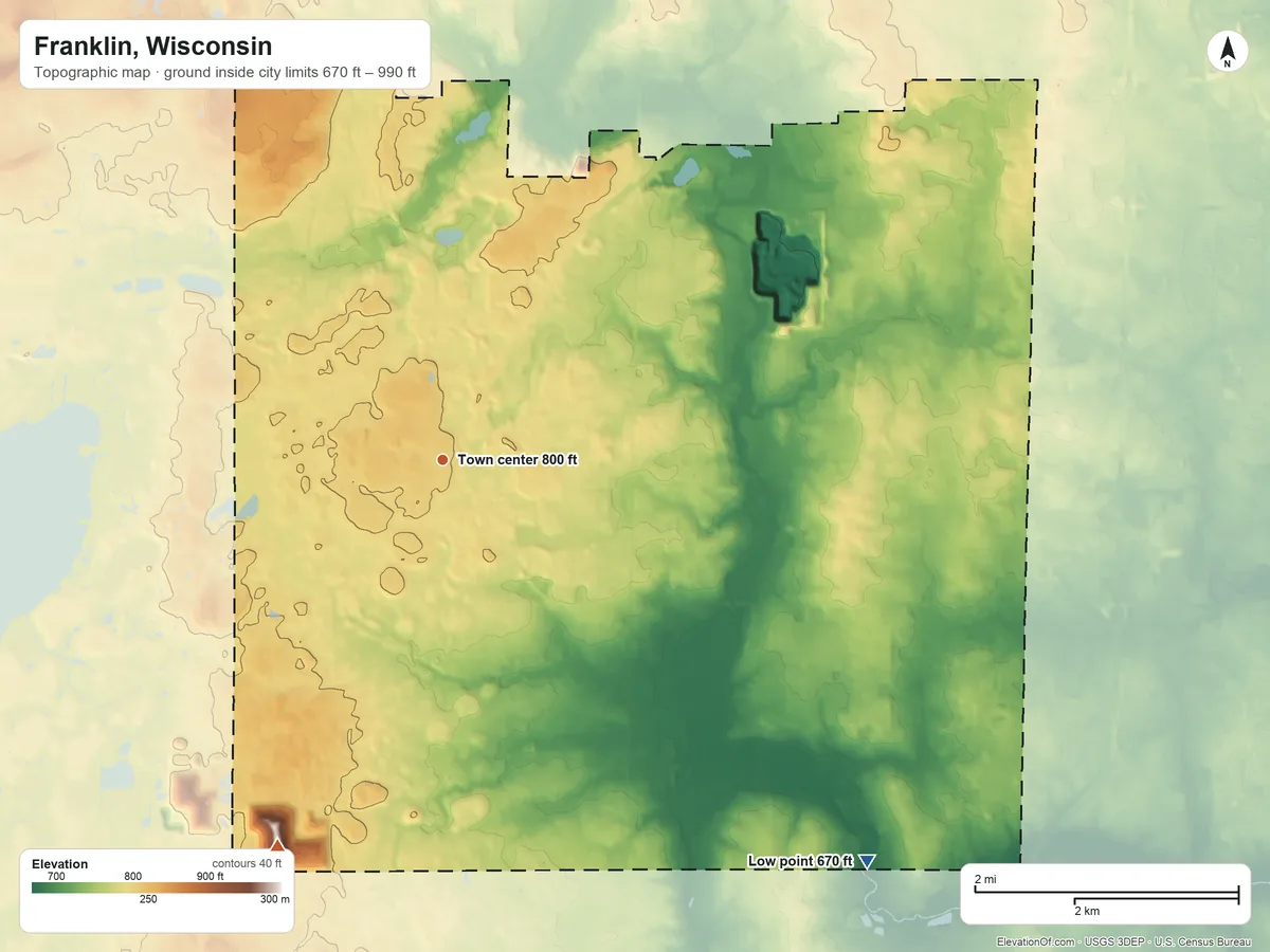 Topographic elevation map of Franklin, Wisconsin, shaded from 670 ft on the southeast side to 990 ft on the southwest side