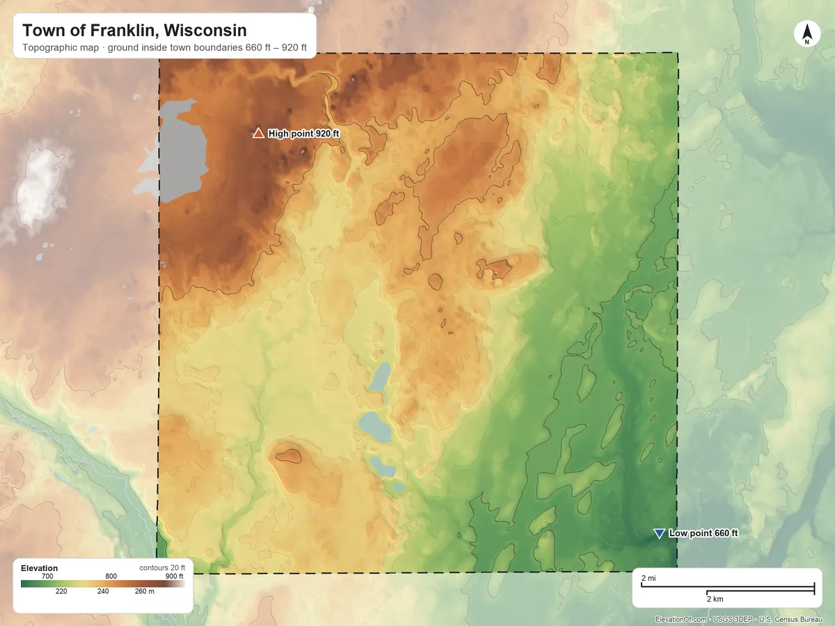 Topographic elevation map of Town of Franklin, Wisconsin, shaded from 660 ft on the southeast side to 920 ft on the northwest side