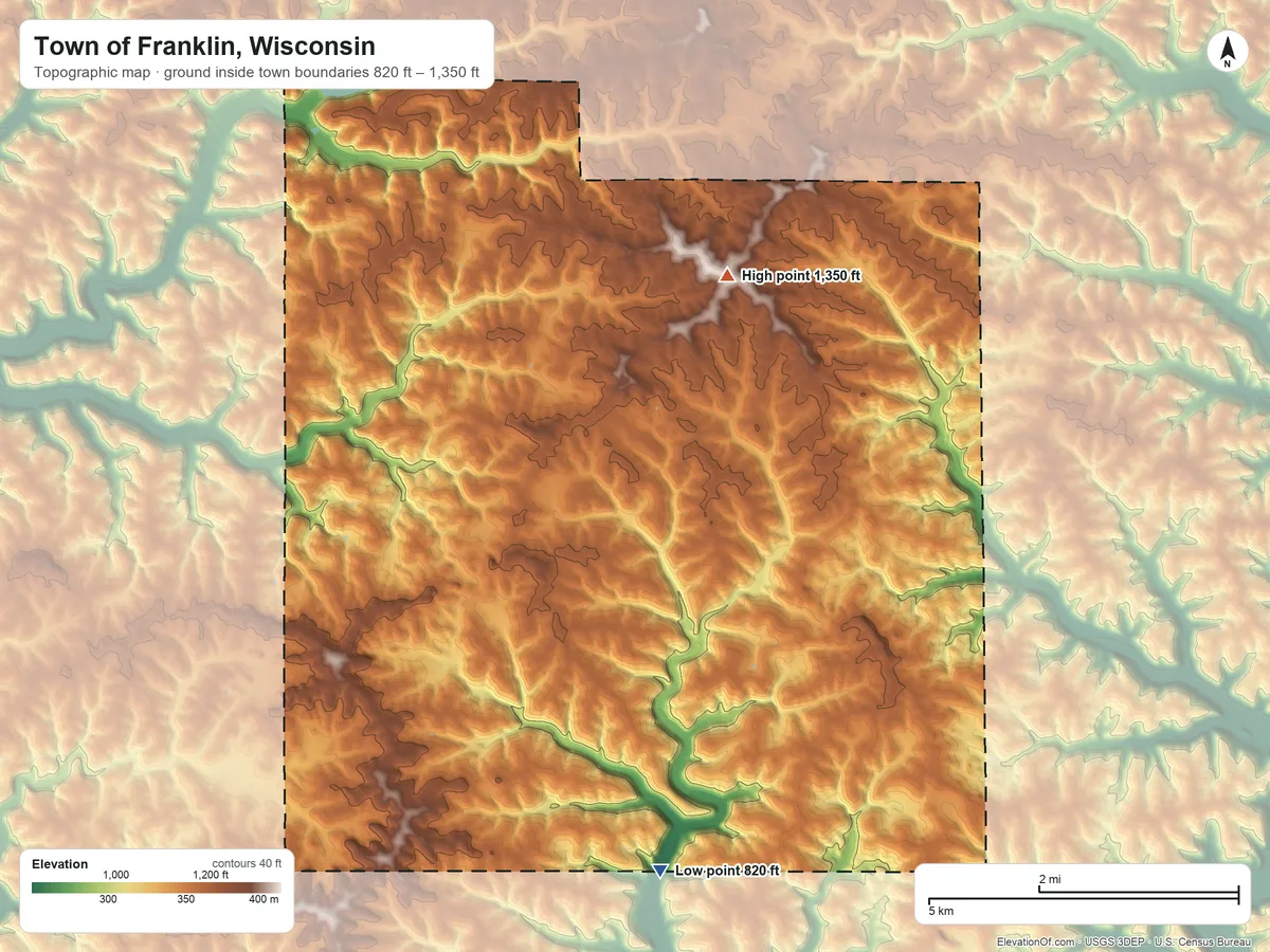 Topographic elevation map of Town of Franklin, Wisconsin, shaded from 820 ft on the south side to 1,350 ft on the north side