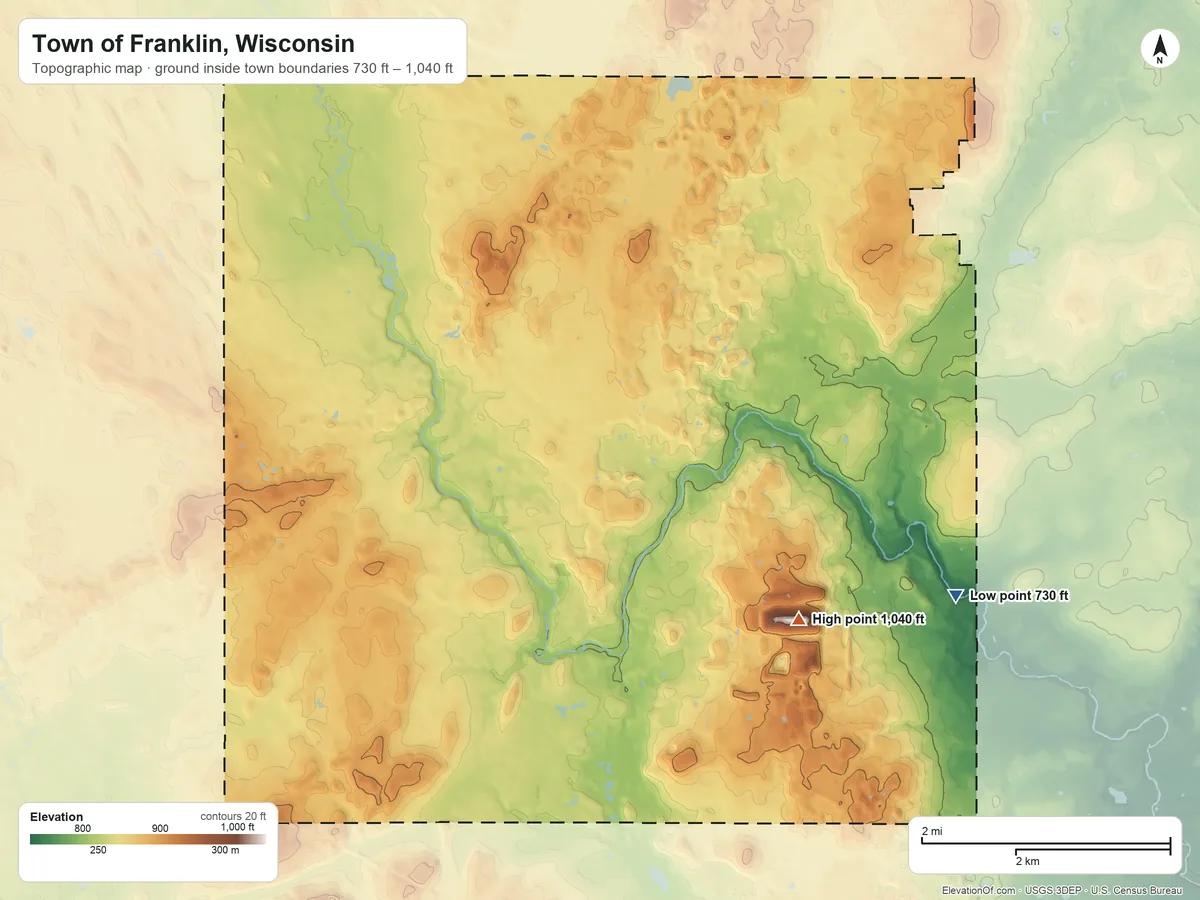 Topographic elevation map of Town of Franklin, Wisconsin, shaded from 730 ft on the east side to 1,040 ft on the southeast side