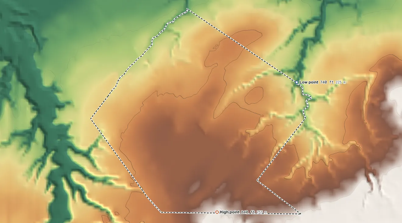 Topographic elevation map of Franks Field, Wisconsin, shaded from 740 ft on the northeast side to 840 ft on the south side