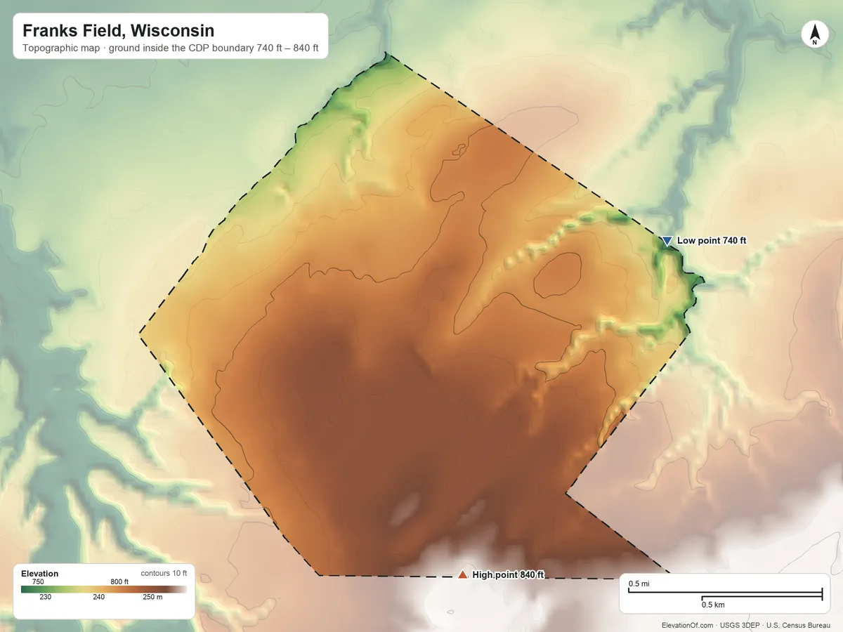 Topographic elevation map of Franks Field, Wisconsin, shaded from 740 ft on the northeast side to 840 ft on the south side