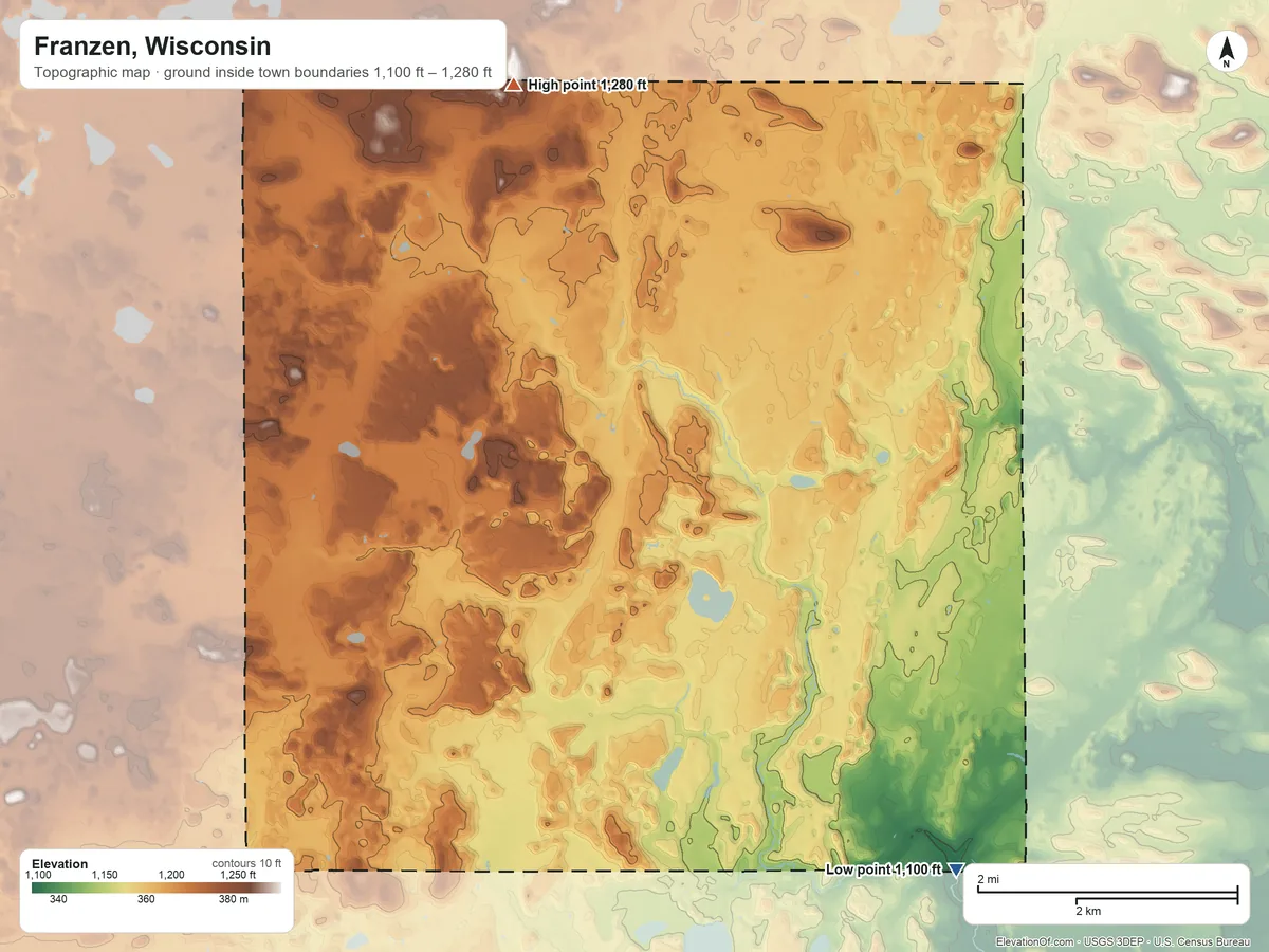Topographic elevation map of Franzen, Wisconsin, shaded from 1,100 ft on the southeast side to 1,280 ft on the northwest side