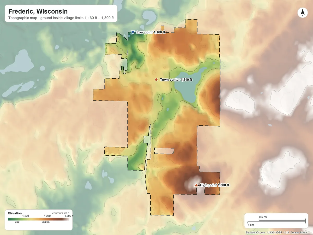Topographic elevation map of Frederic, Wisconsin, shaded from 1,160 ft on the northwest side to 1,300 ft on the south side