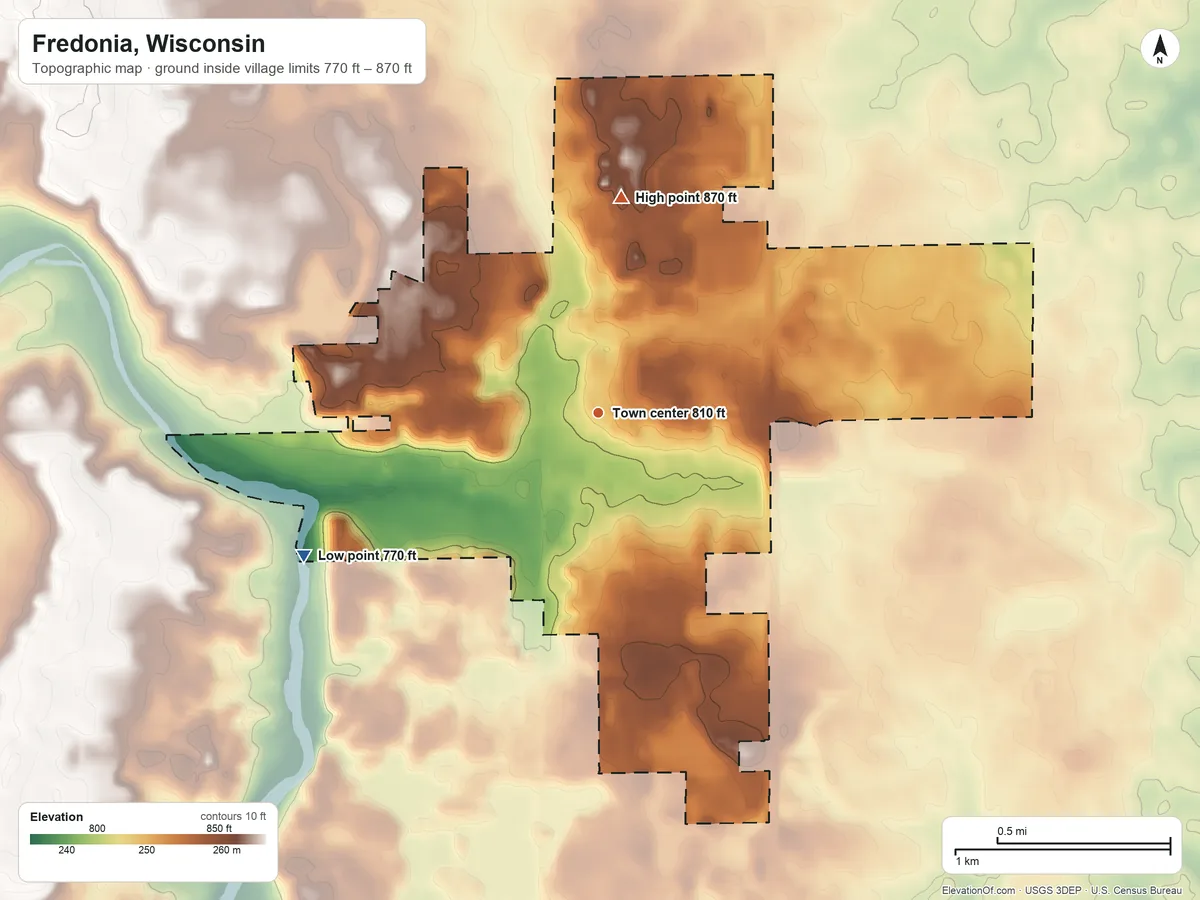 Topographic elevation map of Fredonia, Wisconsin, shaded from 770 ft on the southwest side to 870 ft on the north side
