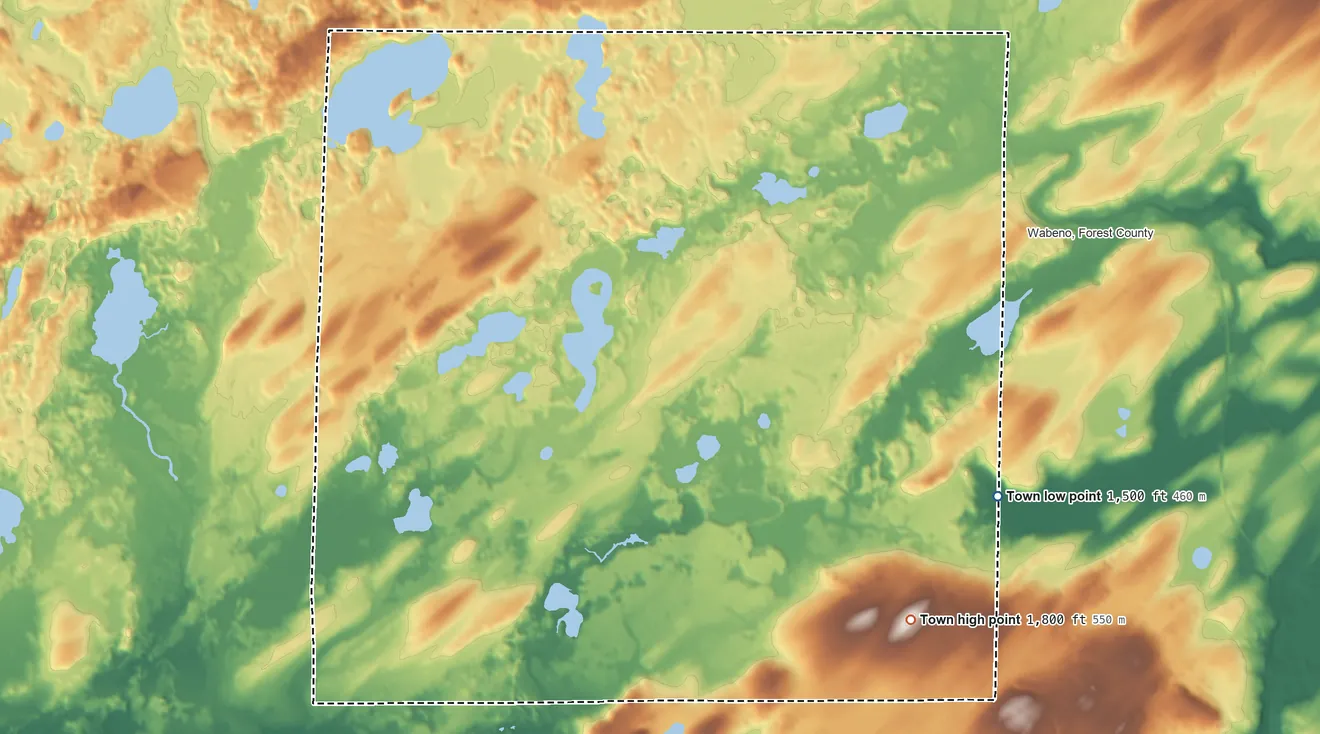 Topographic elevation map of Freedom, Forest County, Wisconsin, shaded from 1,500 ft on the southeast side to 1,800 ft on the southeast side