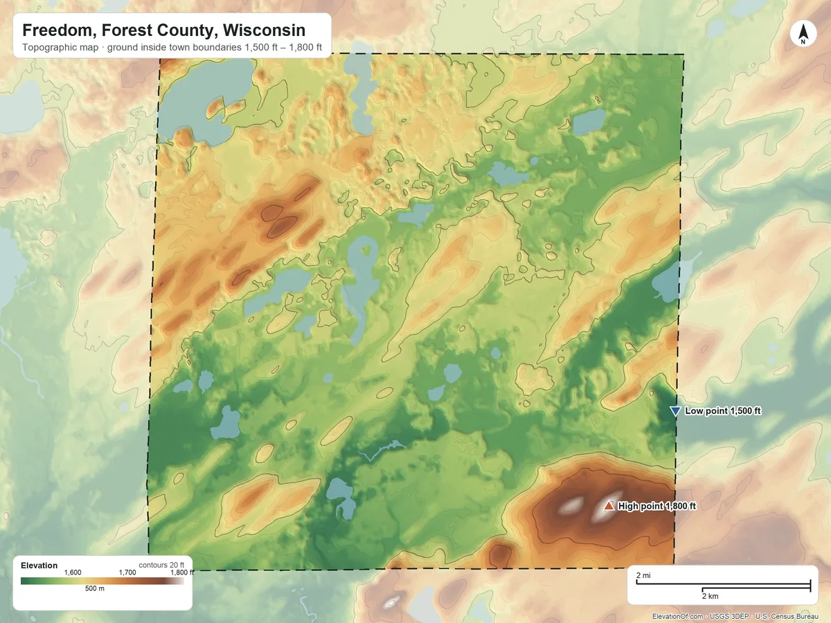 Topographic elevation map of Freedom, Forest County, Wisconsin, shaded from 1,500 ft on the southeast side to 1,800 ft on the southeast side