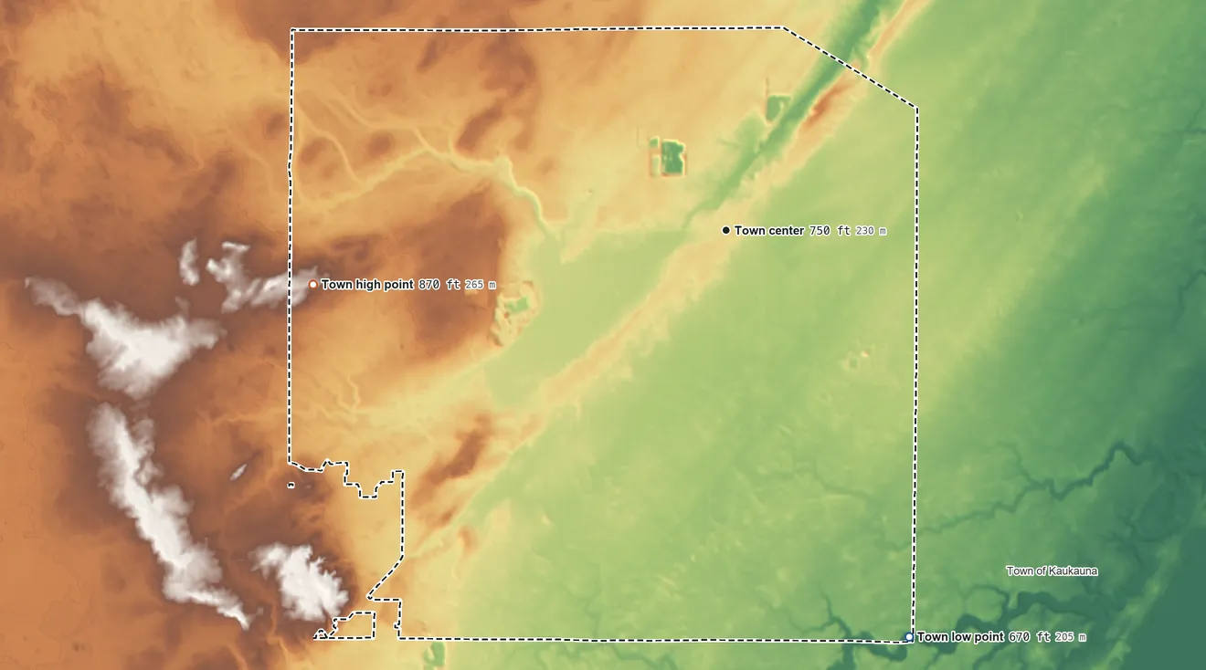Topographic elevation map of Freedom, Wisconsin, shaded from 670 ft on the southeast side to 870 ft on the west side