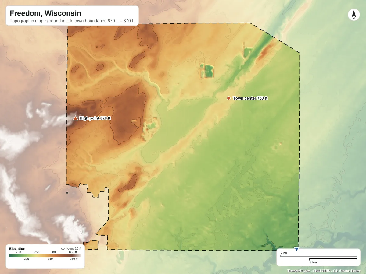 Topographic elevation map of Freedom, Wisconsin, shaded from 670 ft on the southeast side to 870 ft on the west side