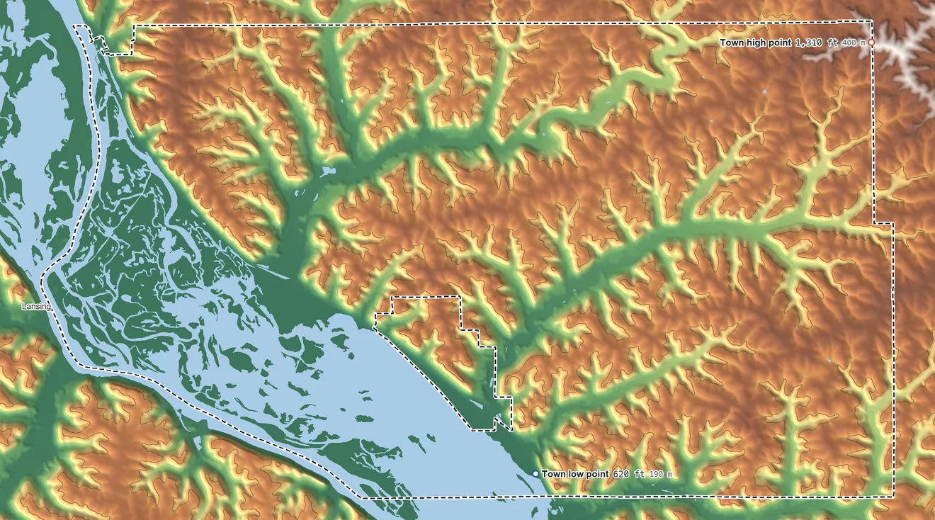 Topographic elevation map of Freeman, Wisconsin, shaded from 620 ft on the south side to 1,310 ft on the northeast side