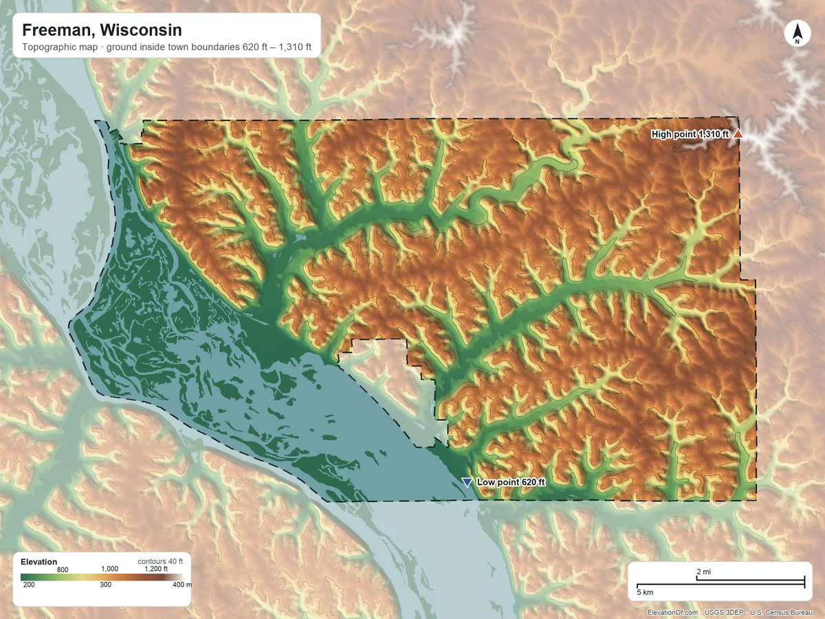 Topographic elevation map of Freeman, Wisconsin, shaded from 620 ft on the south side to 1,310 ft on the northeast side
