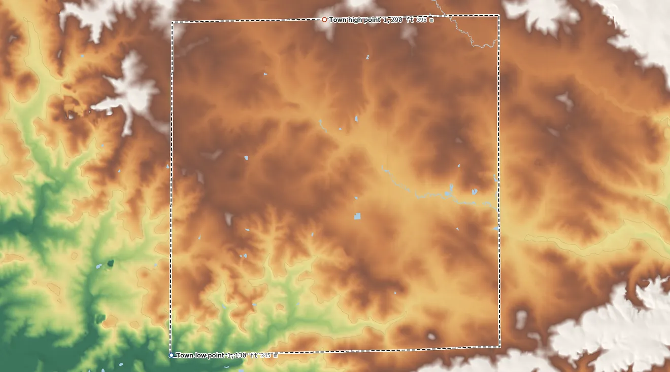 Topographic elevation map of Fremont, Wisconsin, shaded from 1,130 ft on the southwest side to 1,290 ft on the north side