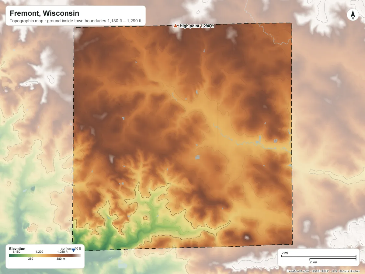 Topographic elevation map of Fremont, Wisconsin, shaded from 1,130 ft on the southwest side to 1,290 ft on the north side