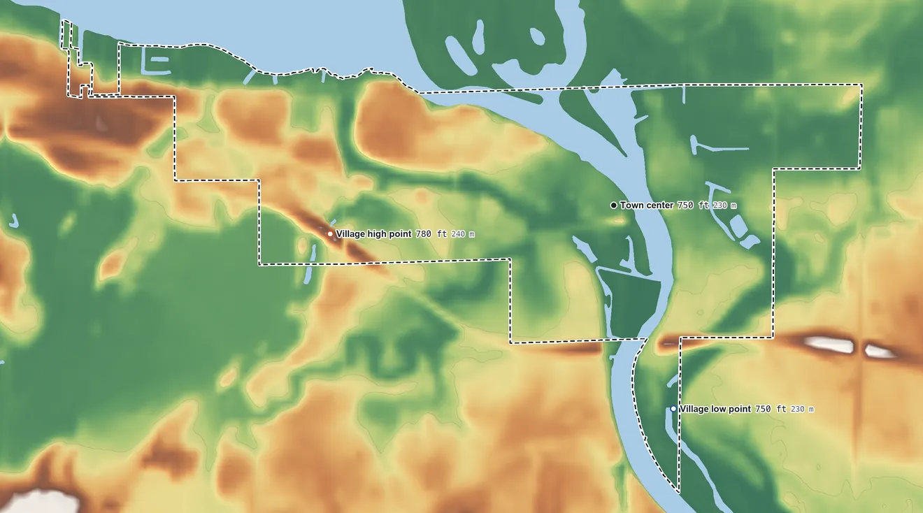 Topographic elevation map of Village of Fremont, Wisconsin, shaded from 750 ft on the south side to 780 ft on the west side