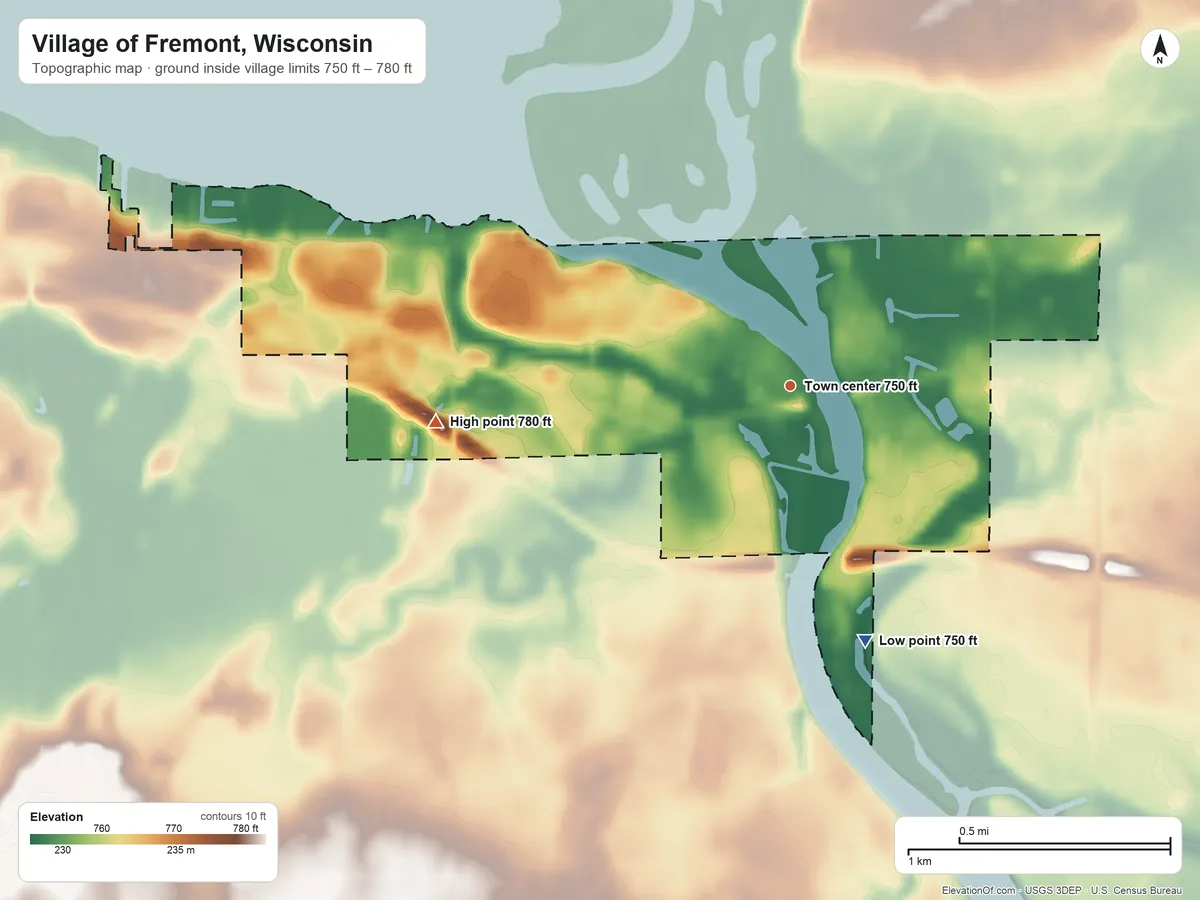 Topographic elevation map of Village of Fremont, Wisconsin, shaded from 750 ft on the south side to 780 ft on the west side